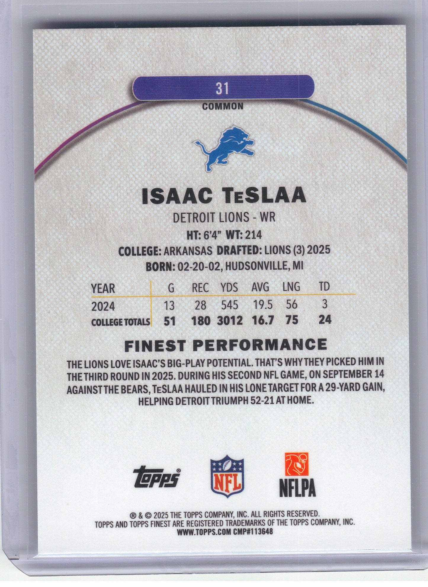 2025 Finest #31 Isaac TeSlaa Detroit Lions RC
