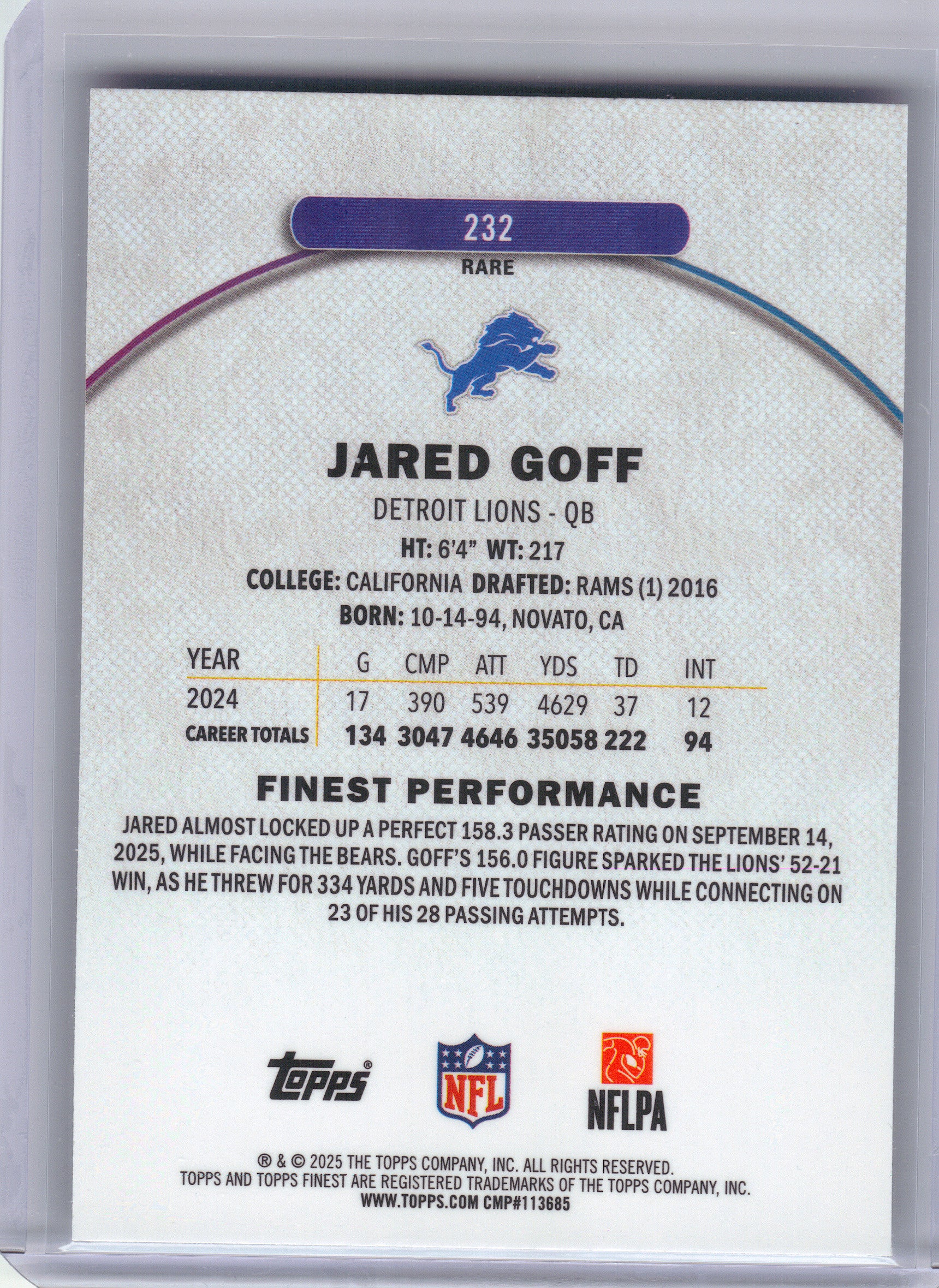 2025 Finest #232 Jared Goff Detroit Lions