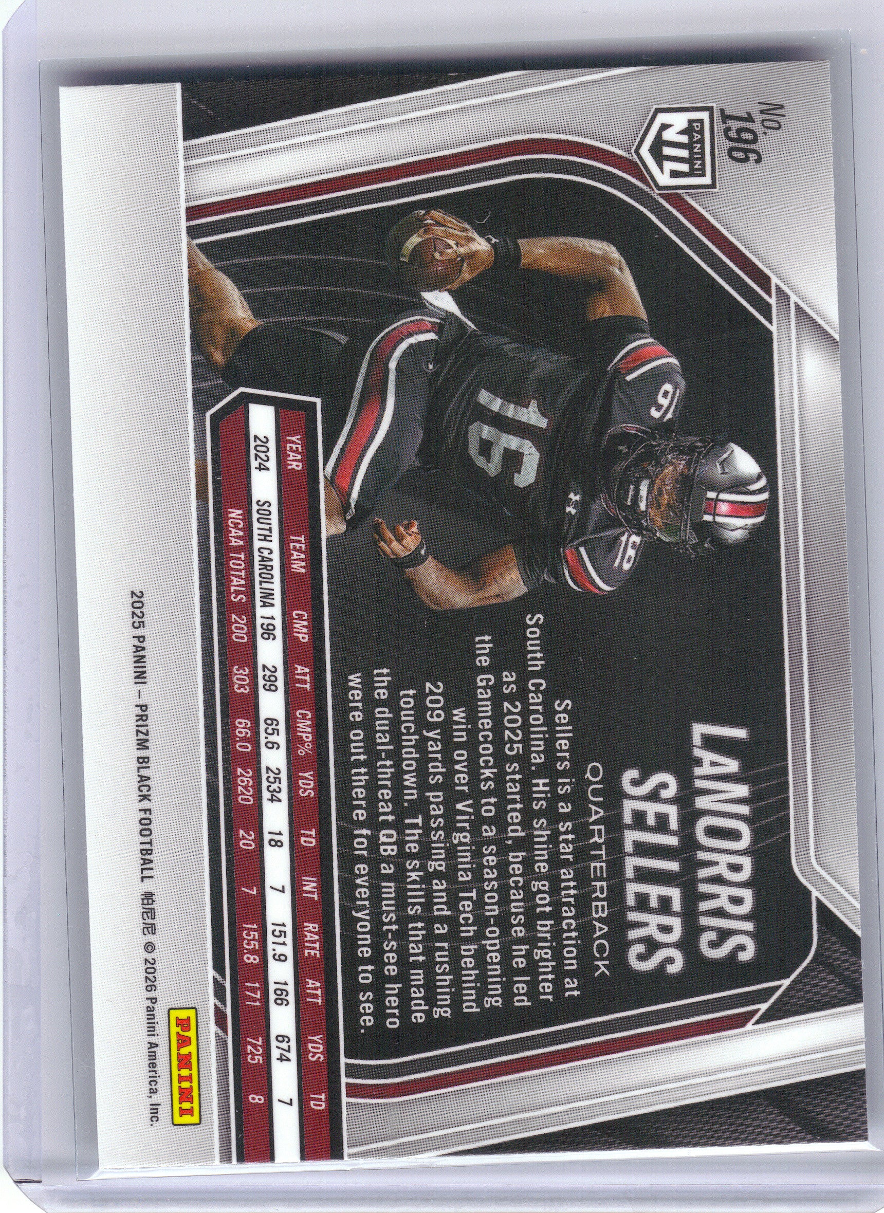 2025 Panini Prizm Black #196 LaNorris Sellers South Carolina Gamecocks