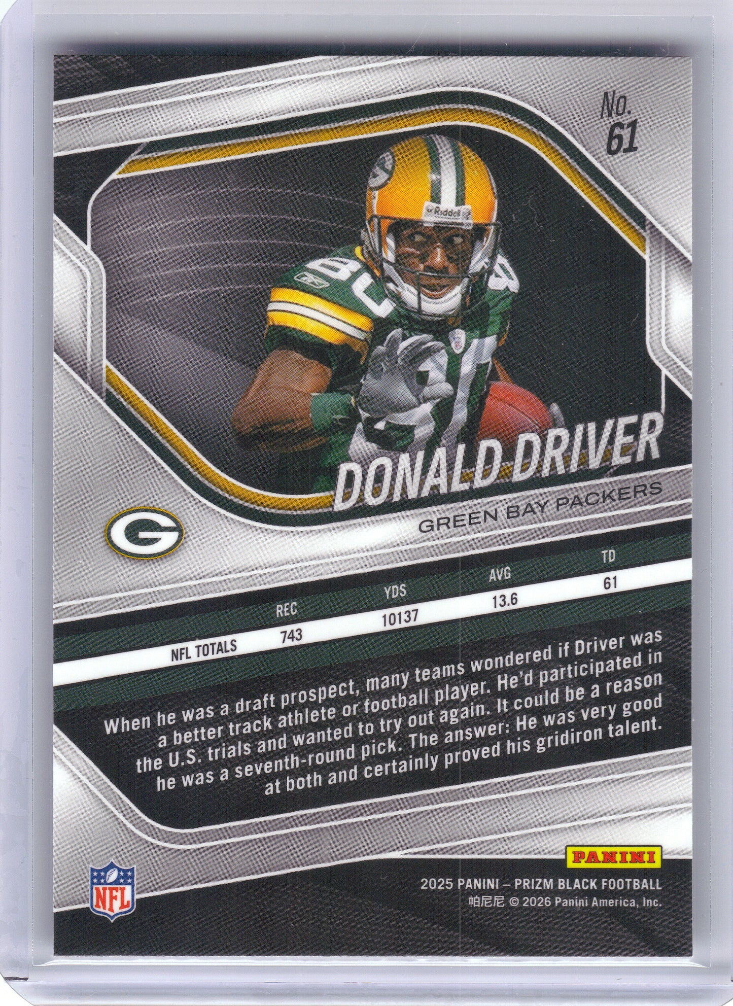 2025 Panini Prizm Black #61 Donald Driver Green Bay Packers
