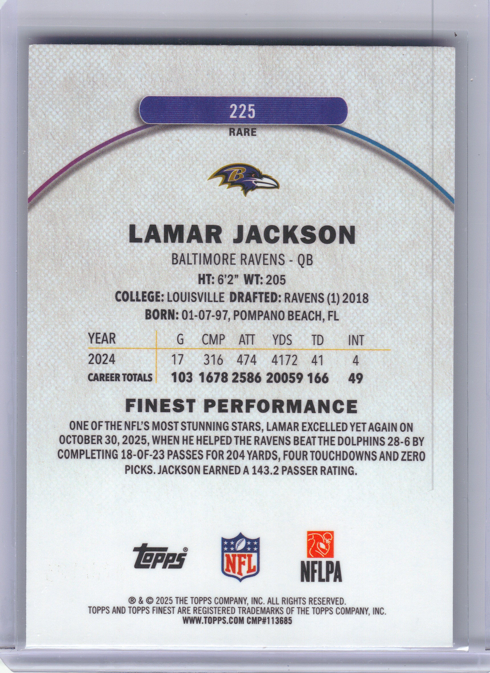2025 Finest #225 Lamar Jackson Purple Refractor #/125 Baltimore Ravens SN
