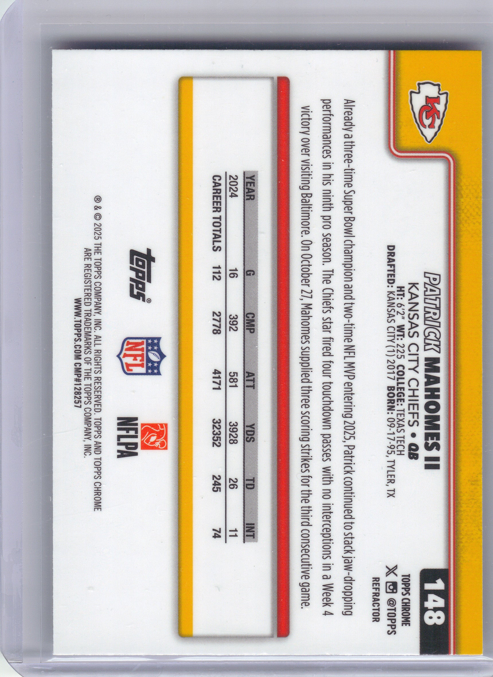 2025 Topps Chrome #148 Patrick Mahomes II Football Leather Refractor Kansas City Chiefs