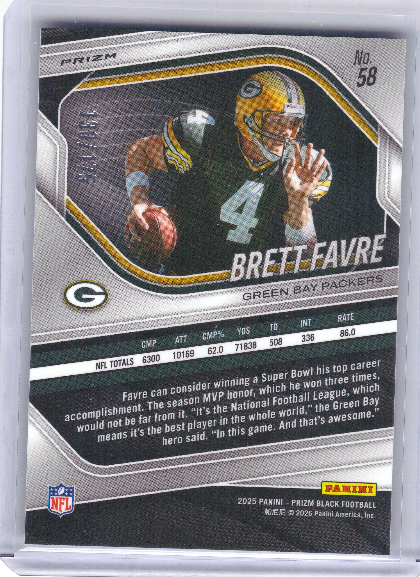 2025 Panini Prizm Black #58 Brett Favre Prizms White #/175 Green Bay Packers SN