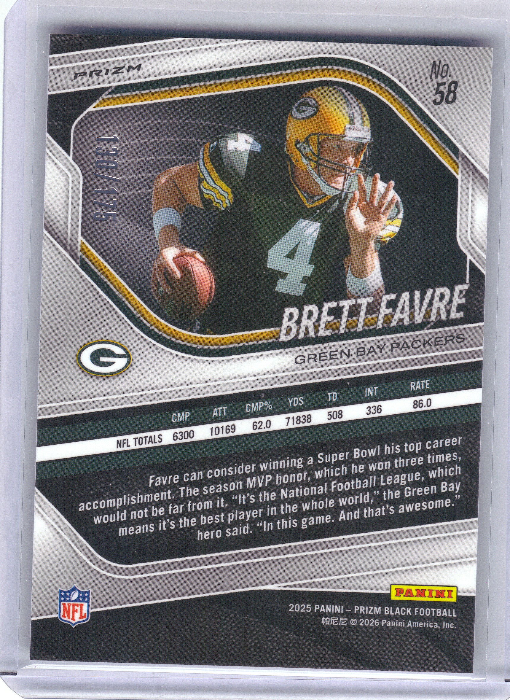 2025 Panini Prizm Black #58 Brett Favre Prizms White #/175 Green Bay Packers SN