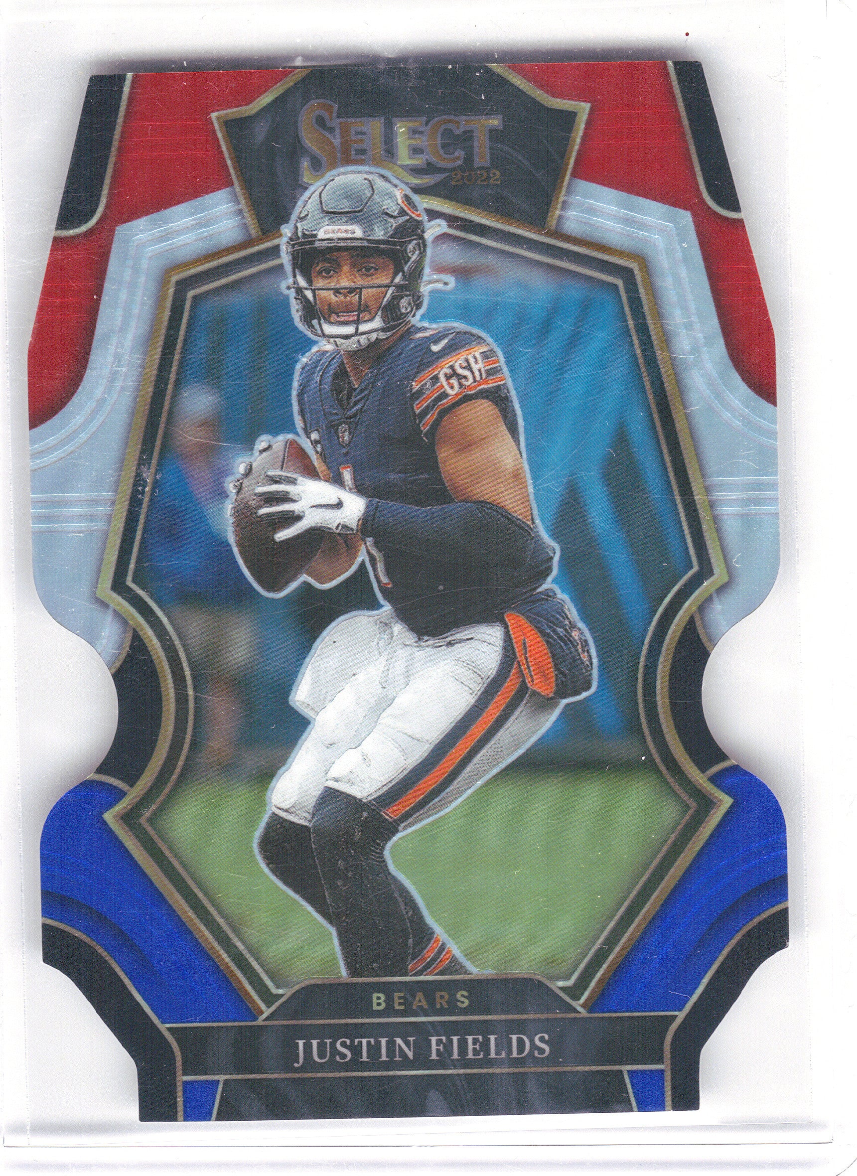 2022 Panini Select #117 Justin Fields Red and Blue Prizm Die Cut Chicago Bears