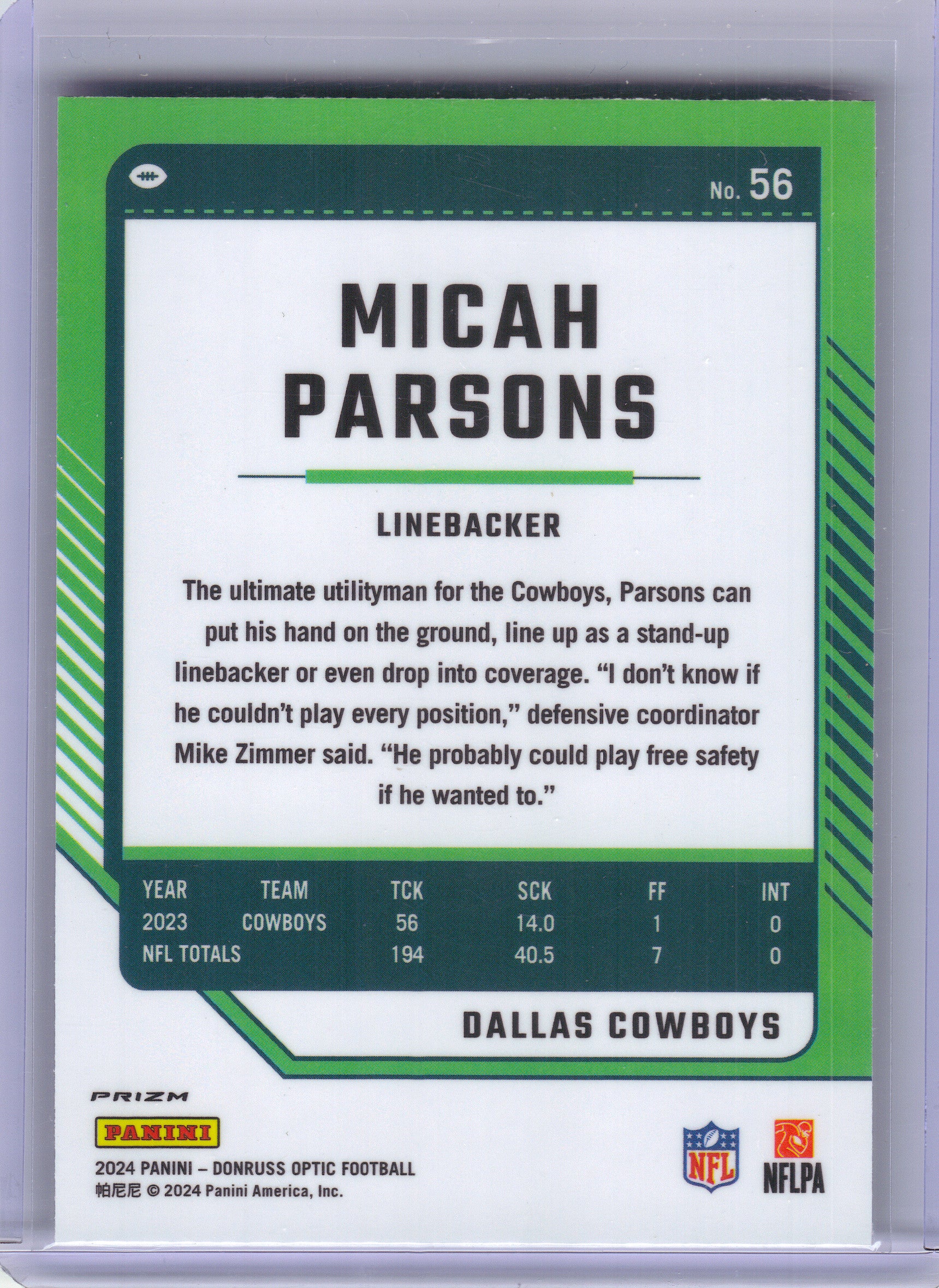 2024 Donruss Optic #56 Micah Parsons Holo Dallas Cowboys