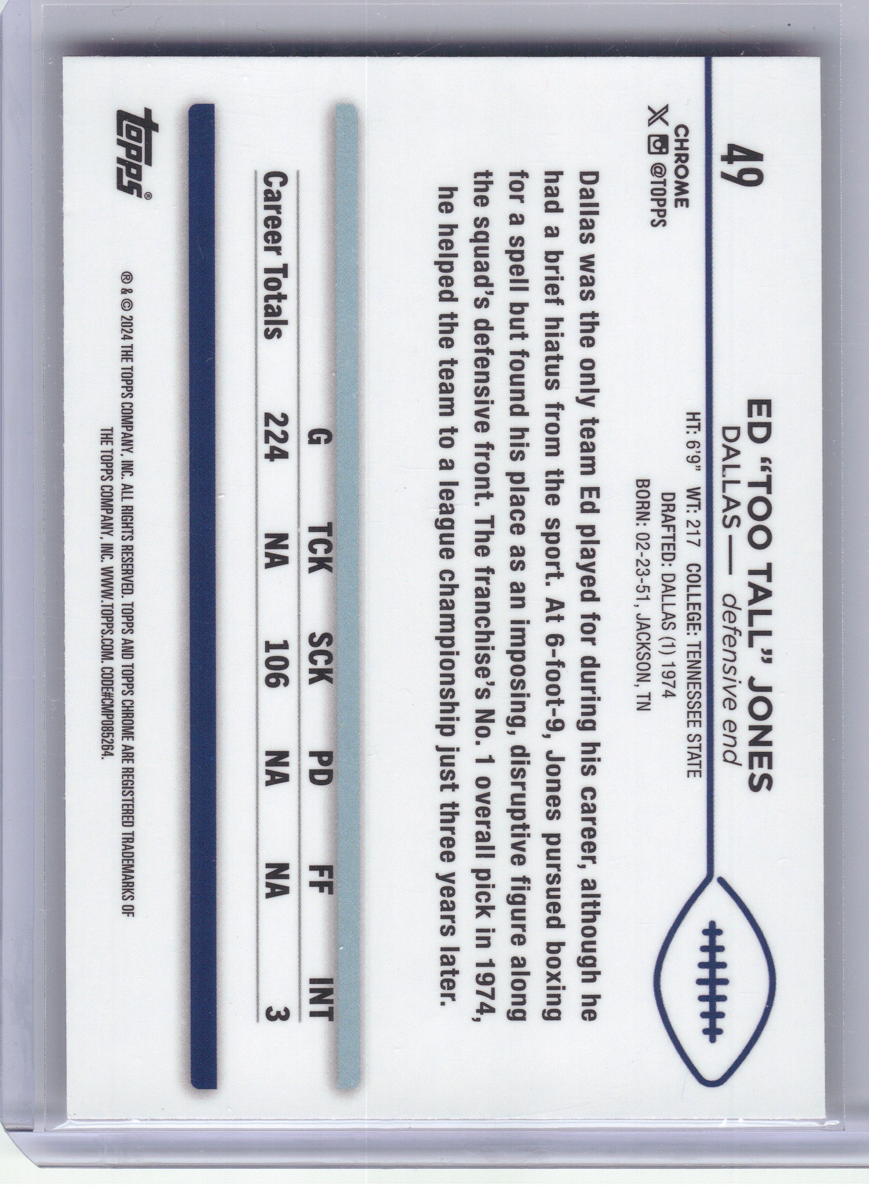 2024 Topps Chrome #49 Ed "Too Tall" Jones Pink Refractor Dallas Cowboys