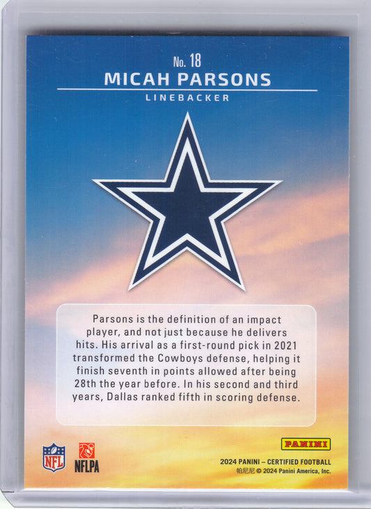 2024 Panini Certified #18 Micah Parsons Franchise Foundations Dallas Cowboys