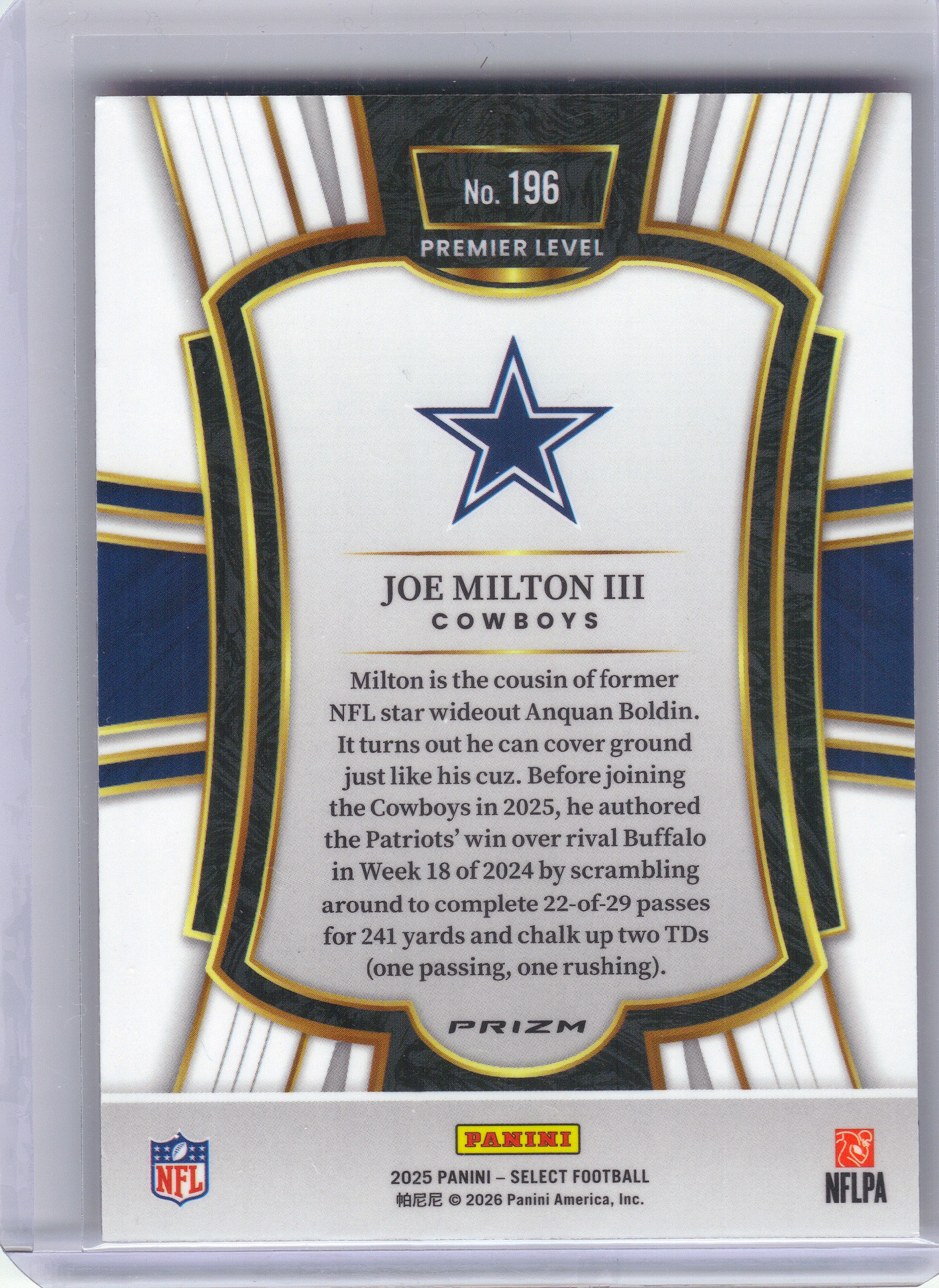 2025 Panini Select #196 Joe Milton III Pink Prizm Shock Dallas Cowboys