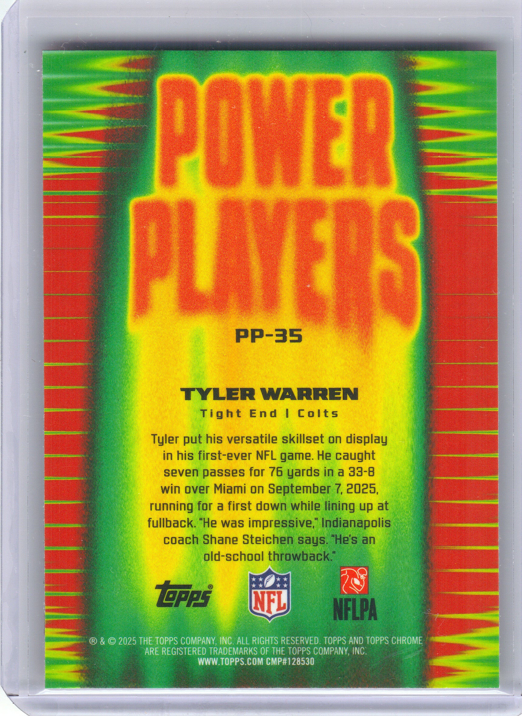 2025 Topps Chrome #PP-35 Tyler Warren Power Players Indianapolis Colts