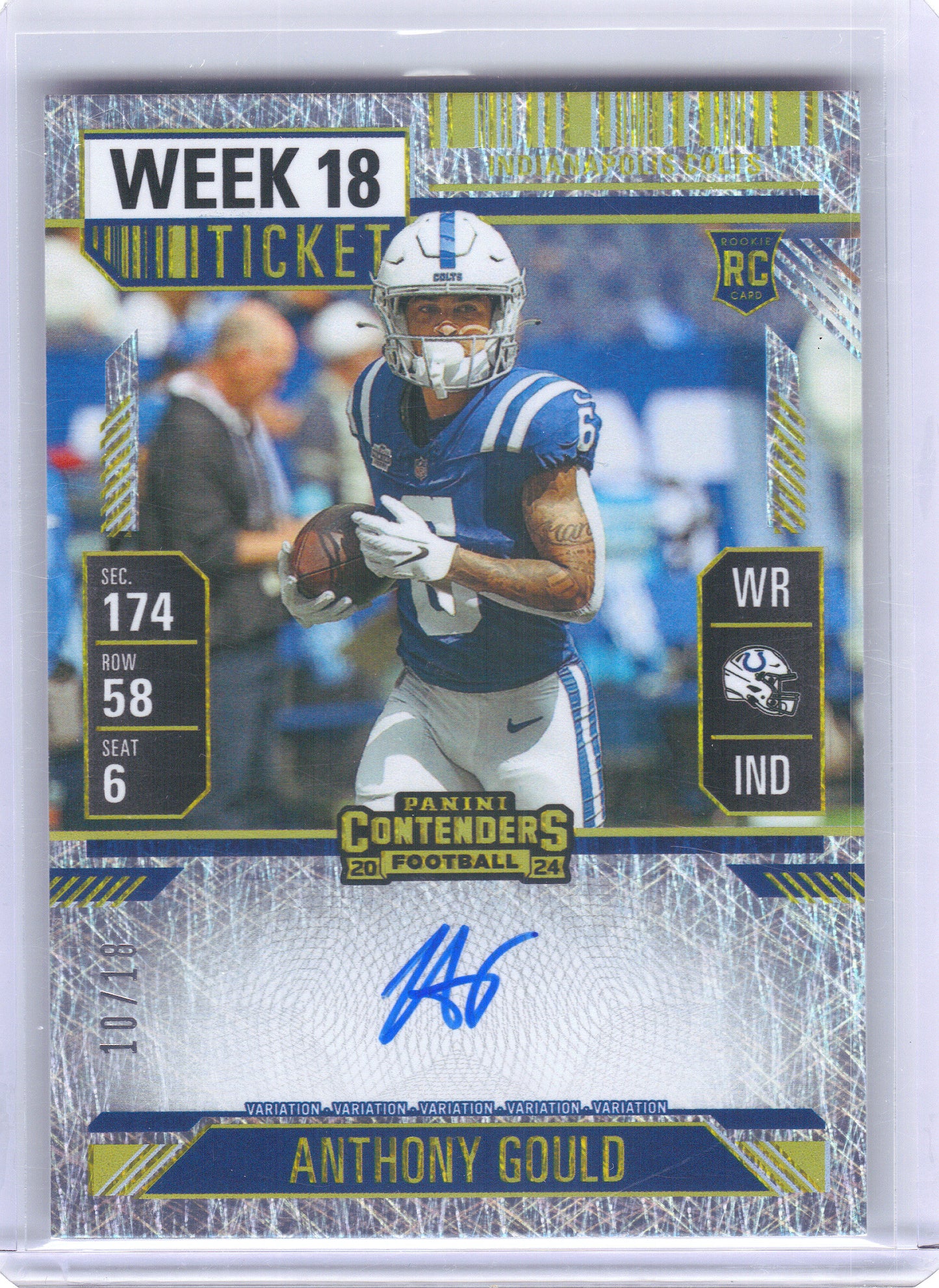 2024 Panini Contenders #140b Anthony Gould Week 18 Ticket #/18 Indianapolis Colts SN,RC,AU