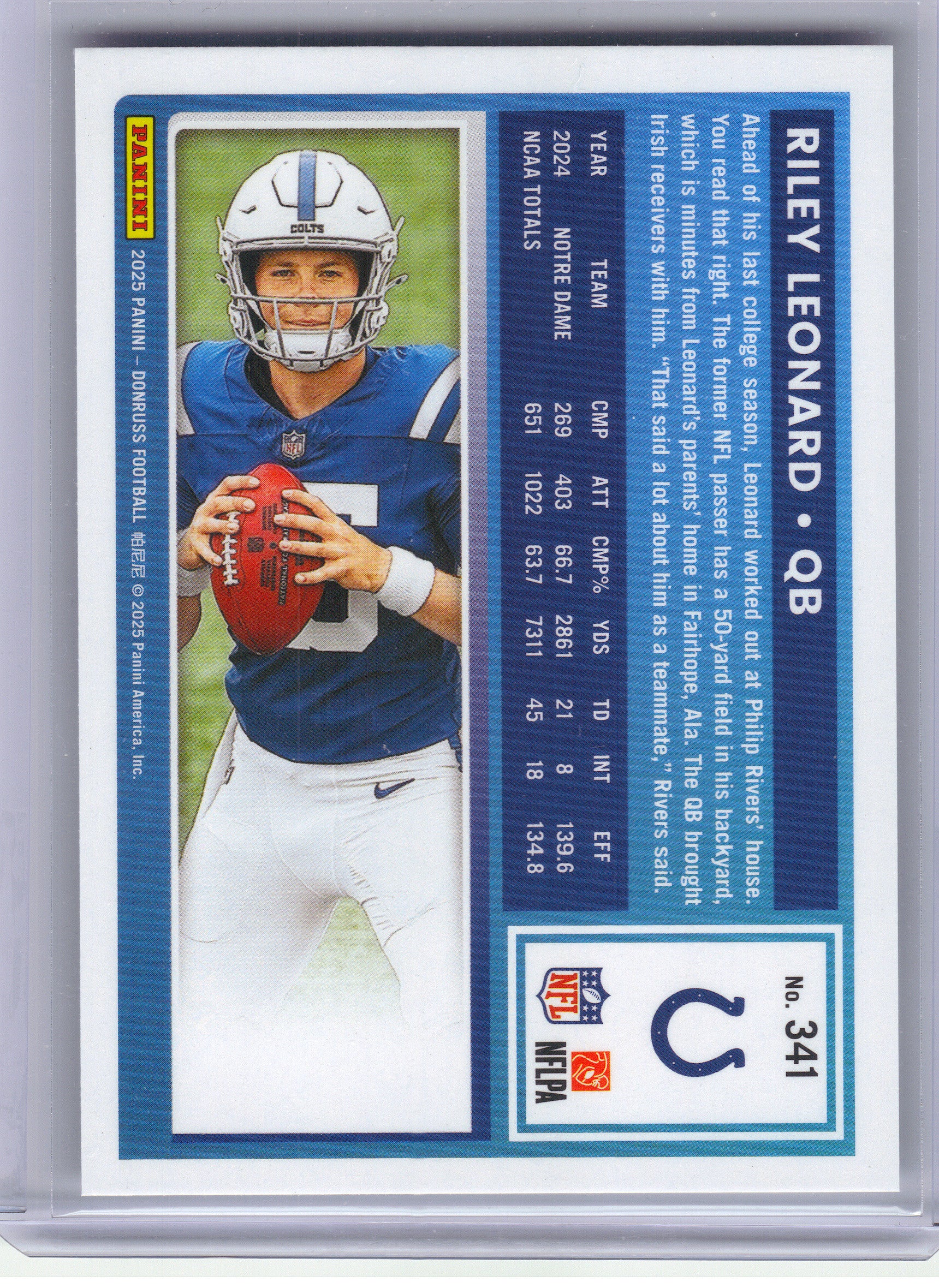 2025 Donruss #341 Riley Leonard Indianapolis Colts RC