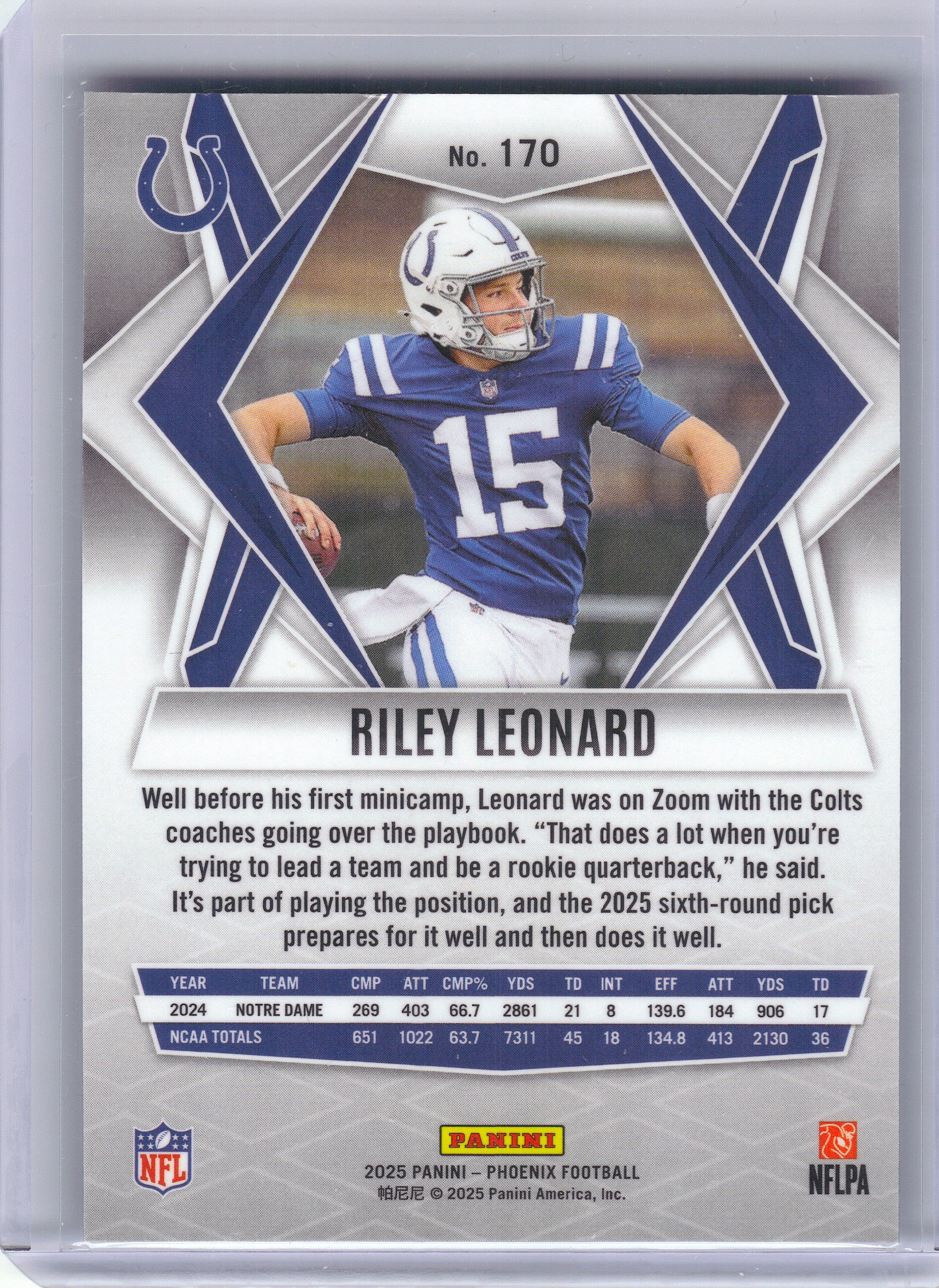 2025 Panini Phoenix #170 Riley Leonard Indianapolis Colts RC