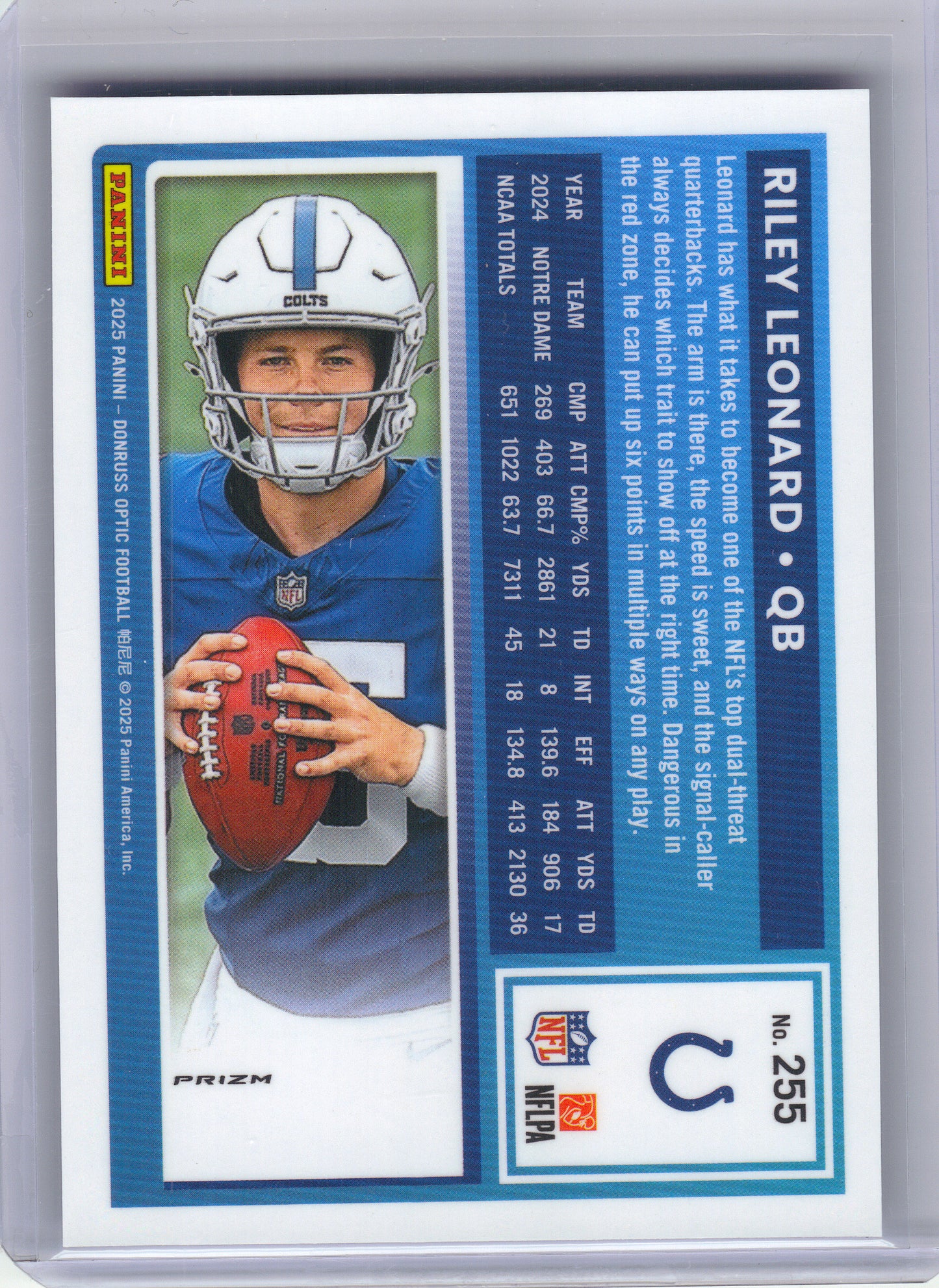 2025 Donruss Optic #255 Riley Leonard Blue Hyper Indianapolis Colts RC