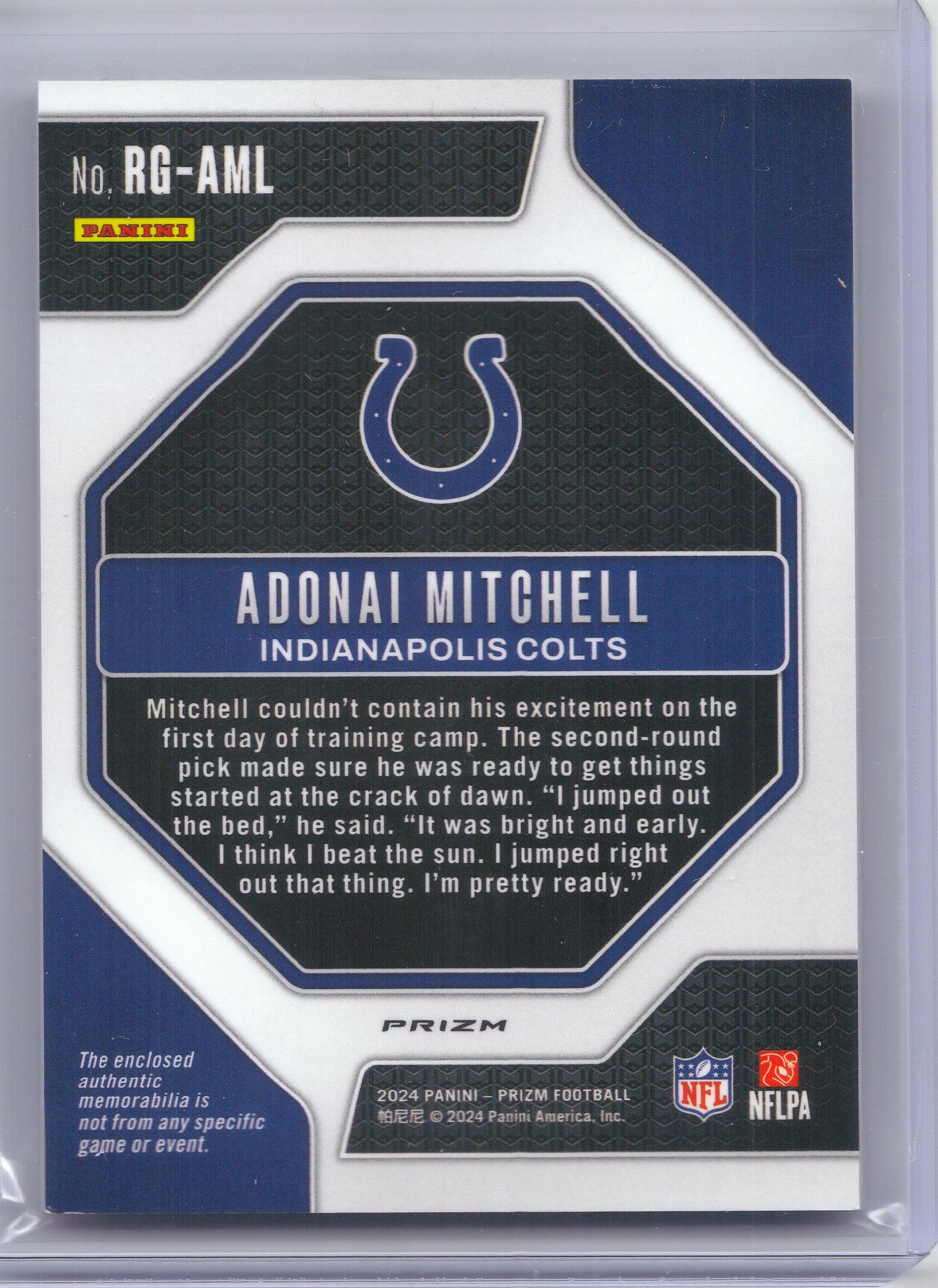 2024 Panini Prizm #RG-AML Adonai Mitchell Rookie Gear Pink Indianapolis Colts MEM