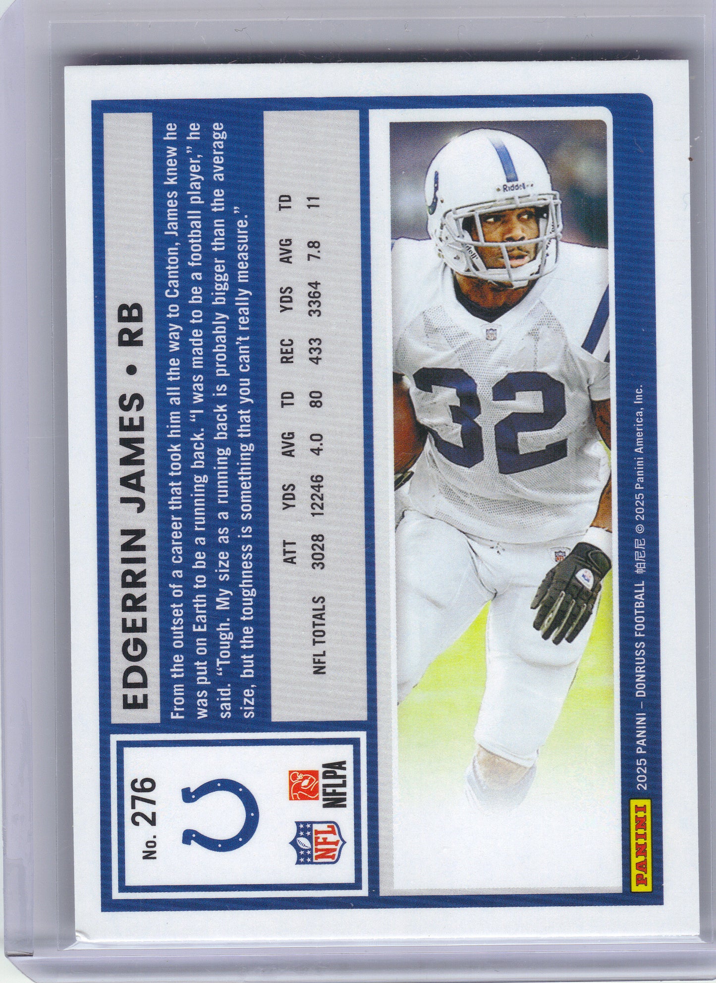 2025 Donruss #276 Edgerrin James Press Proofs Purple Indianapolis Colts