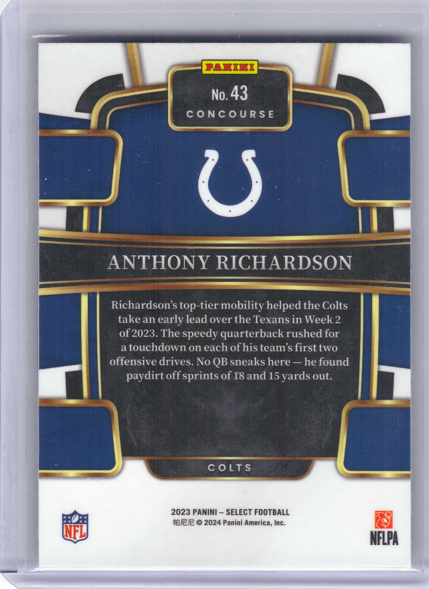 2023 Panini Select #43 Anthony Richardson Indianapolis Colts RC
