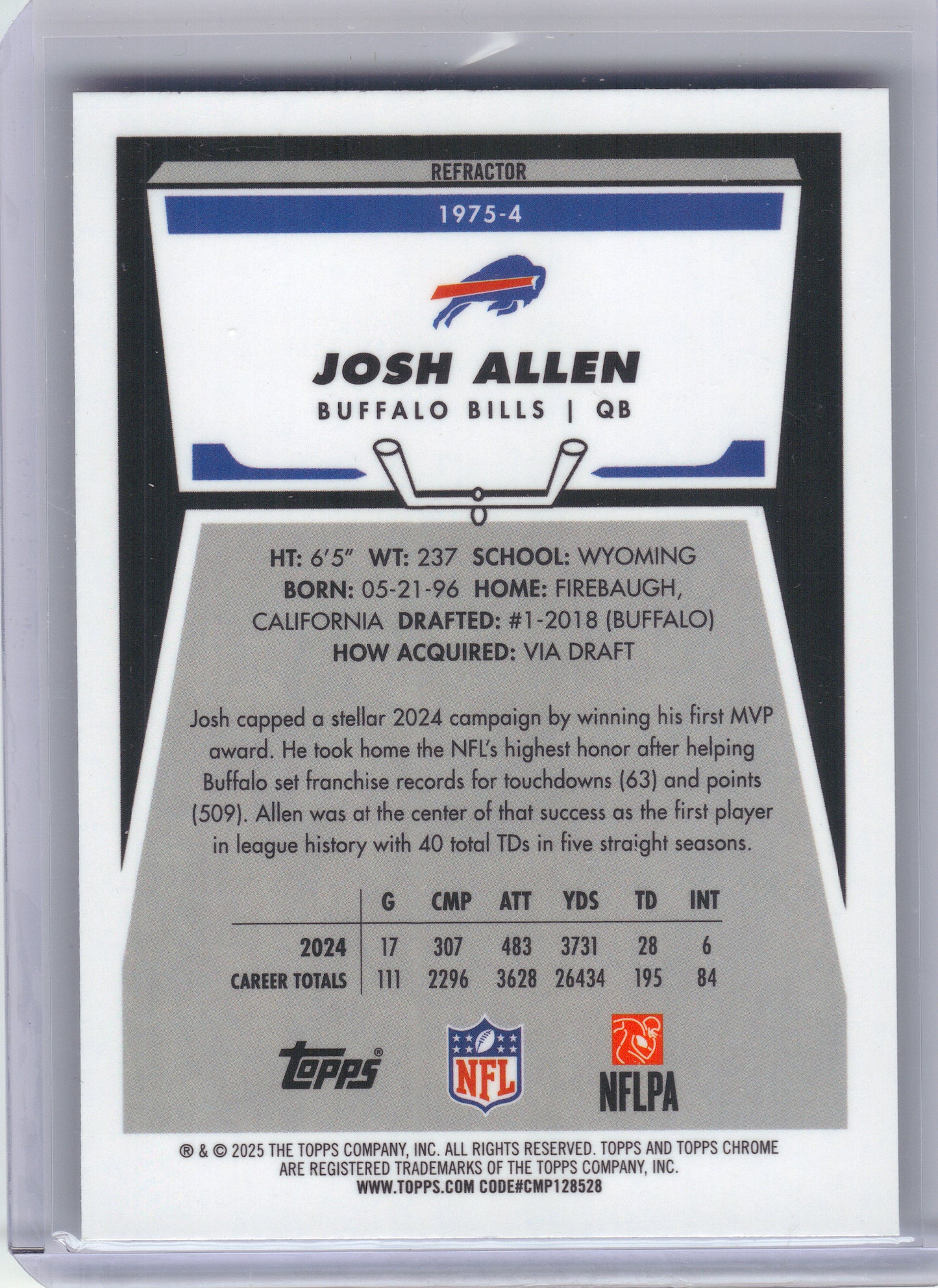 2025 Topps Chrome #1975-4 Josh Allen 1975 Topps Refractor Buffalo Bills