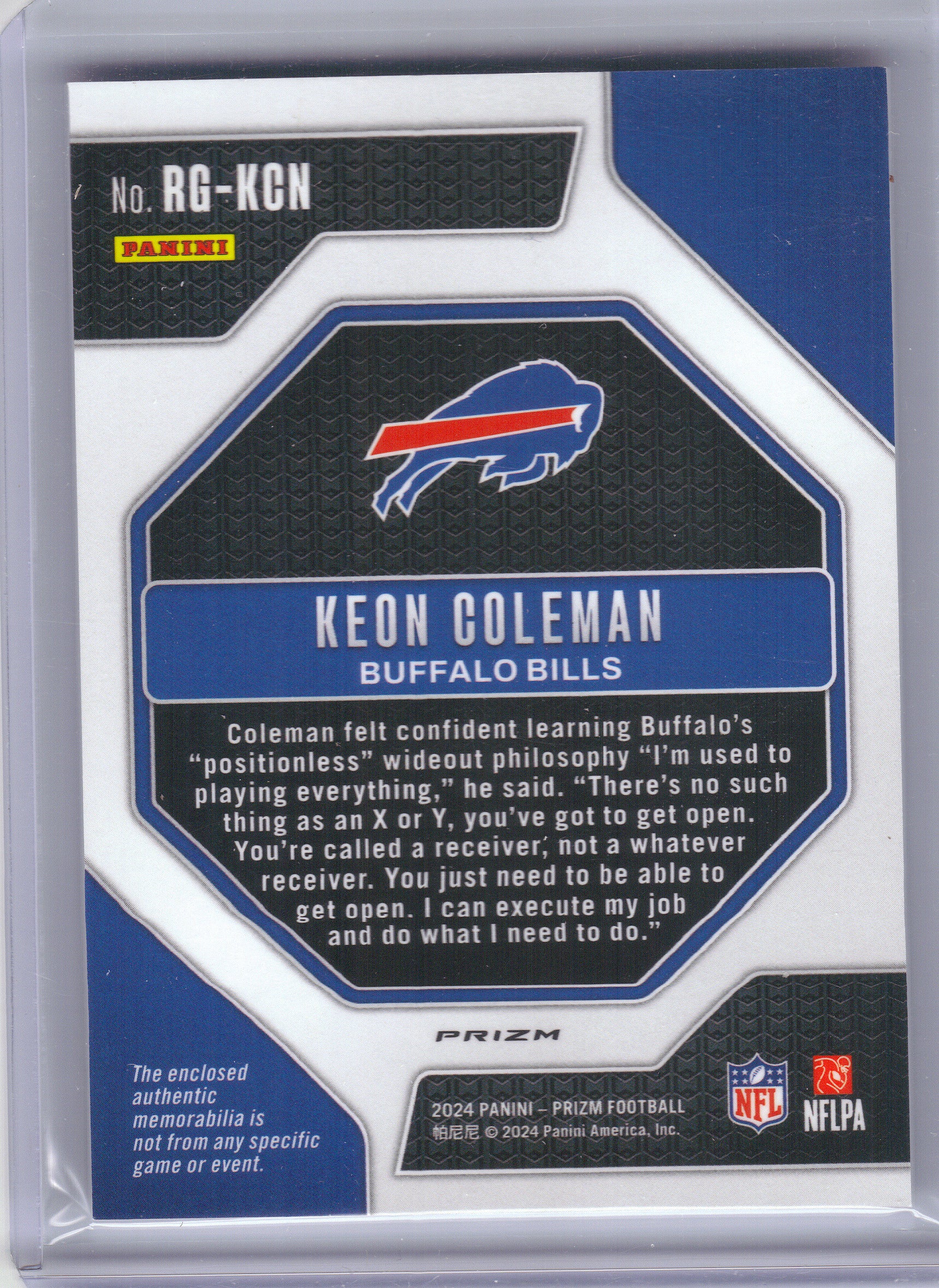 2024 Panini Prizm #RG-KCN Keon Coleman Rookie Gear Buffalo Bills MEM