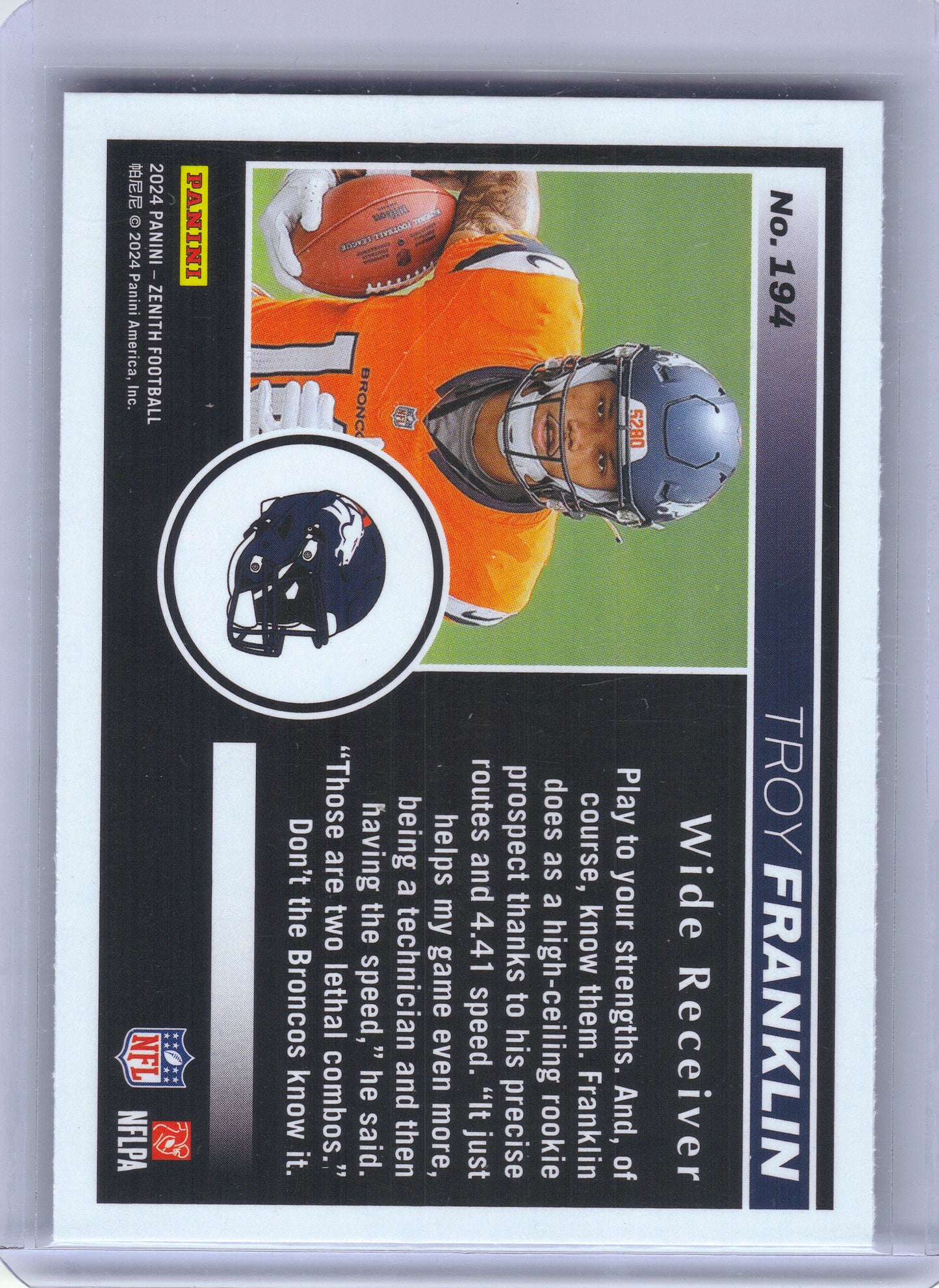 2024 Panini Zenith #194 Troy Franklin Two Minute Drill Denver Broncos RC