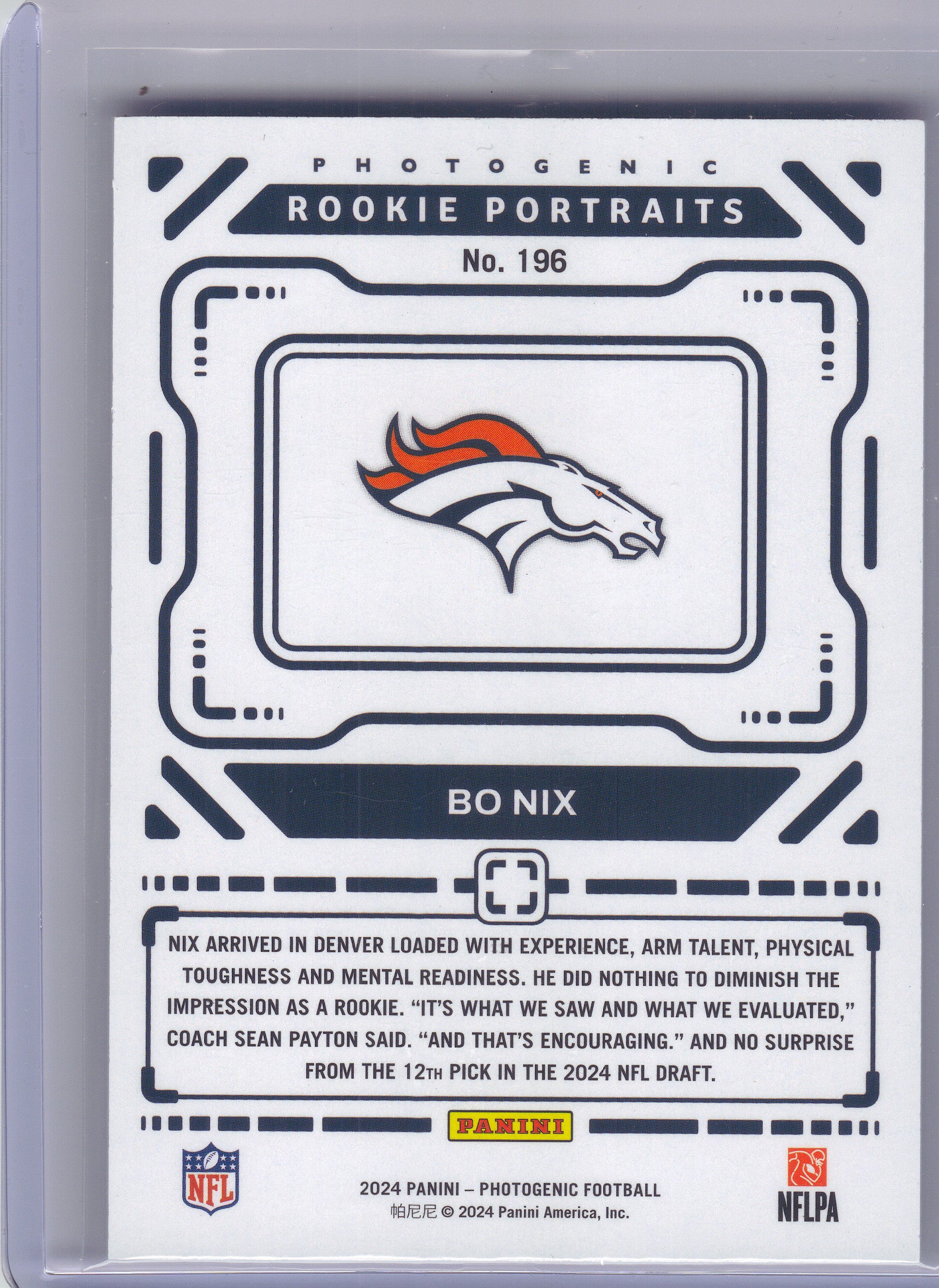 2024 Panini Photogenic #196 Bo Nix Denver Broncos RC