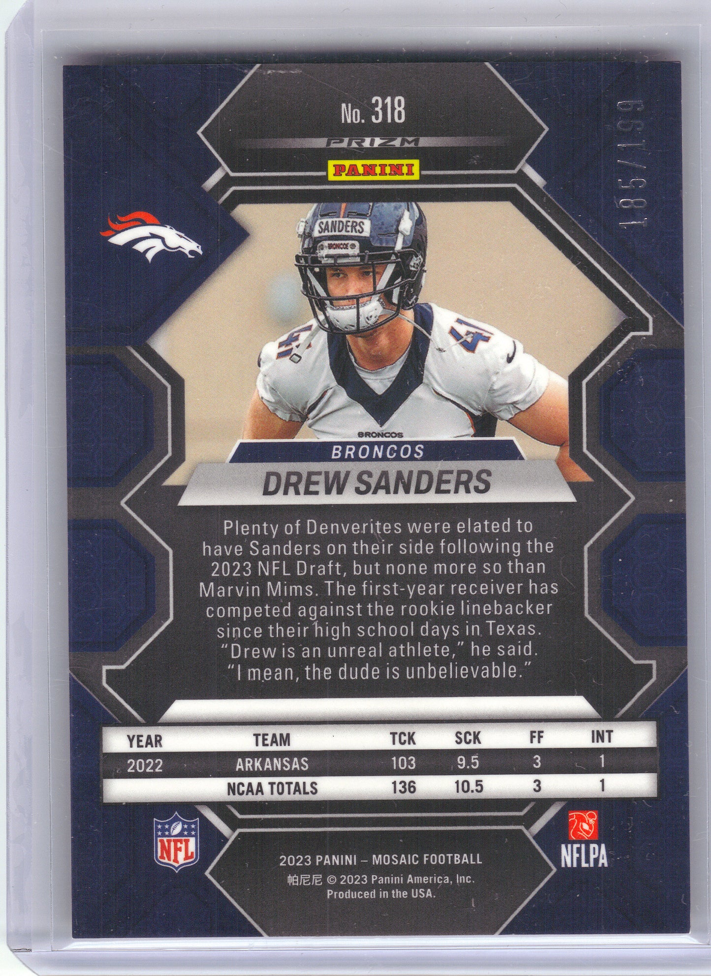 2023 Panini Mosaic #318 Drew Sanders Orange Mosaic #/199 Denver Broncos SN,RC