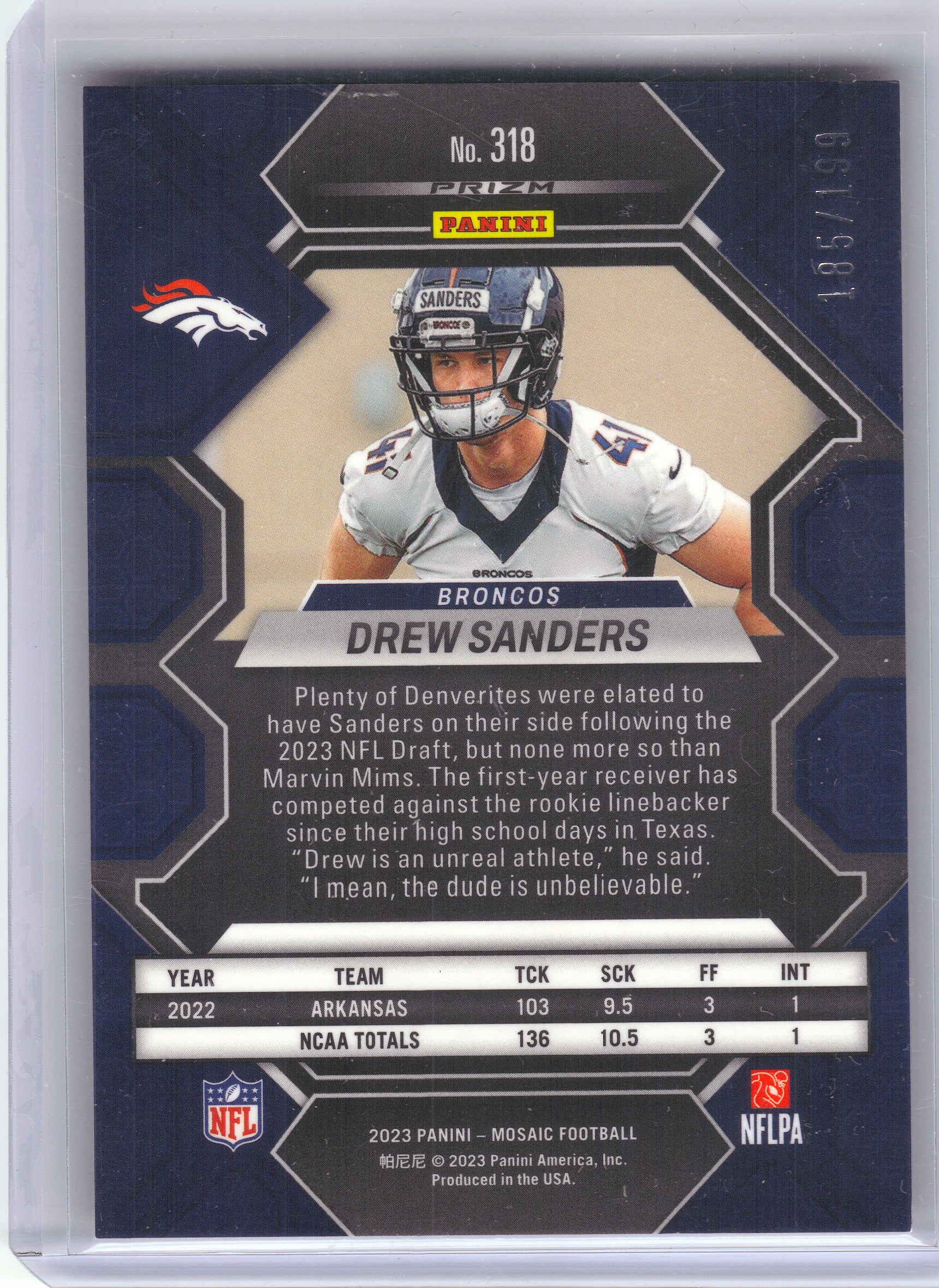 2023 Panini Mosaic #318 Drew Sanders Orange Mosaic #/199 Denver Broncos SN,RC