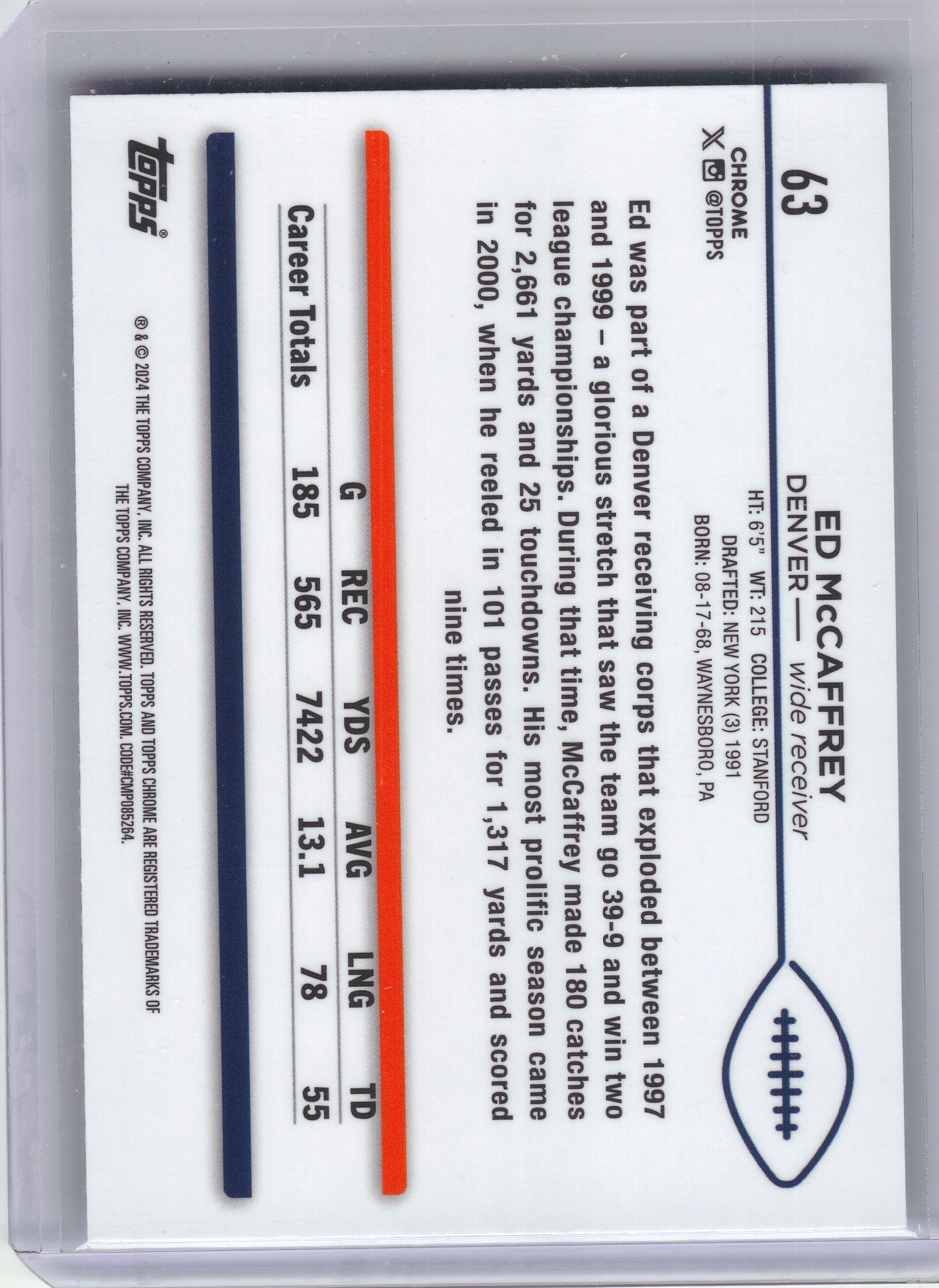 2024 Topps Chrome #63 Ed McCaffrey X-Fractor Denver Broncos