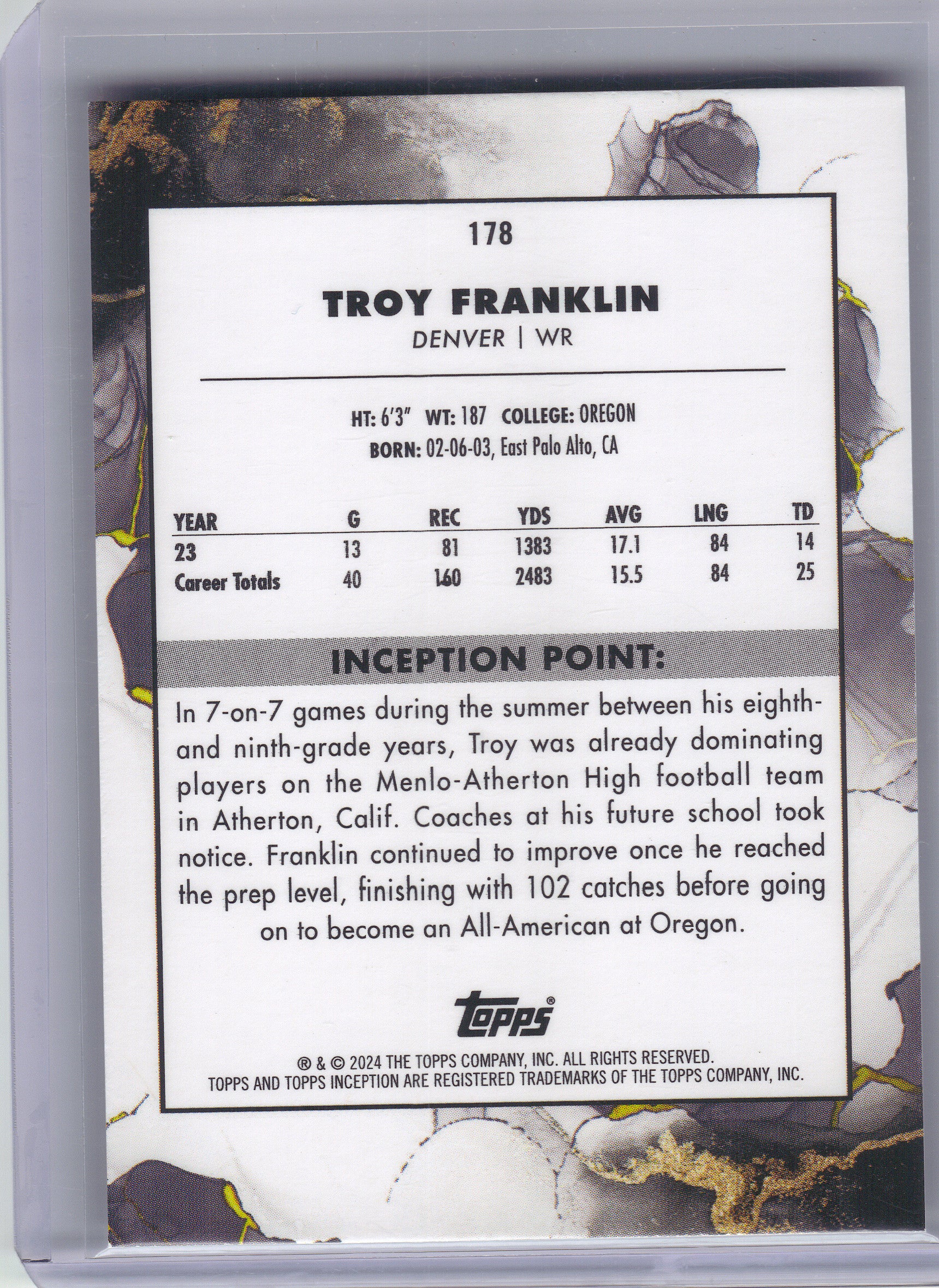 2024 Topps Inception #178 Troy Franklin Purple #/125 Denver Broncos SN,RC