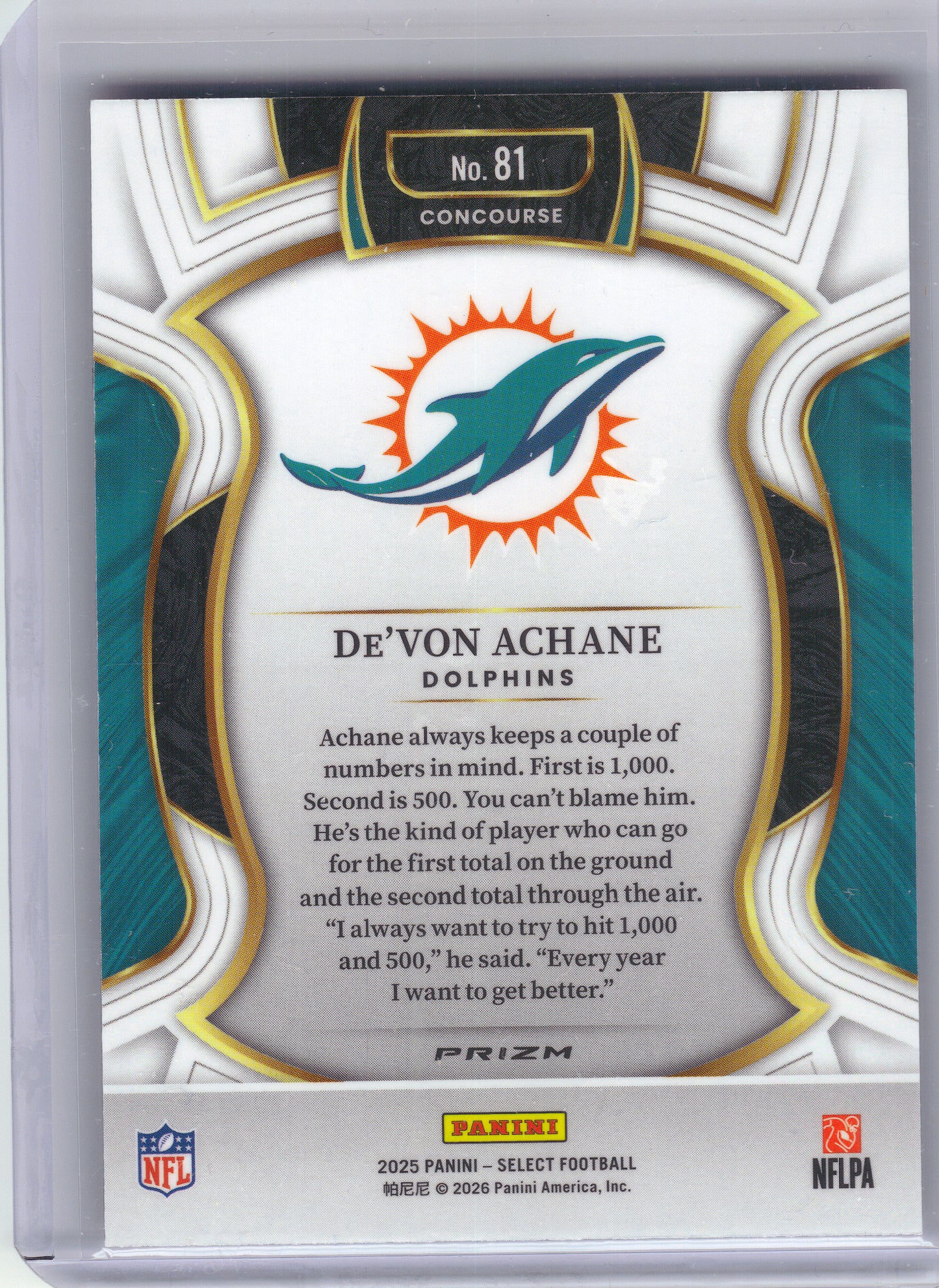 2025 Panini Select #81 De'Von Achane Pink Prizm Shock Miami Dolphins