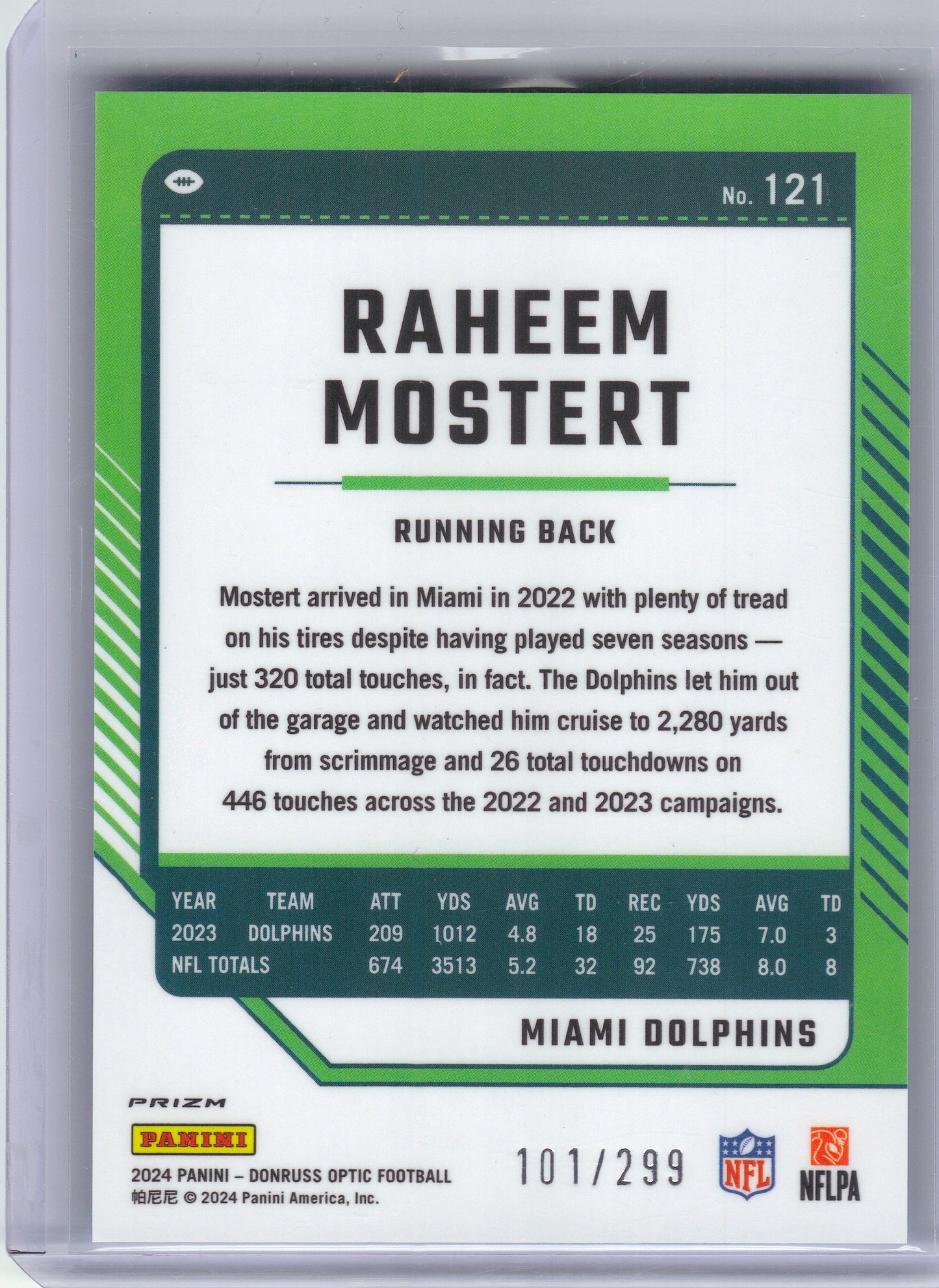 2024 Donruss Optic #121 Raheem Mostert Aqua #/299 Miami Dolphins SN