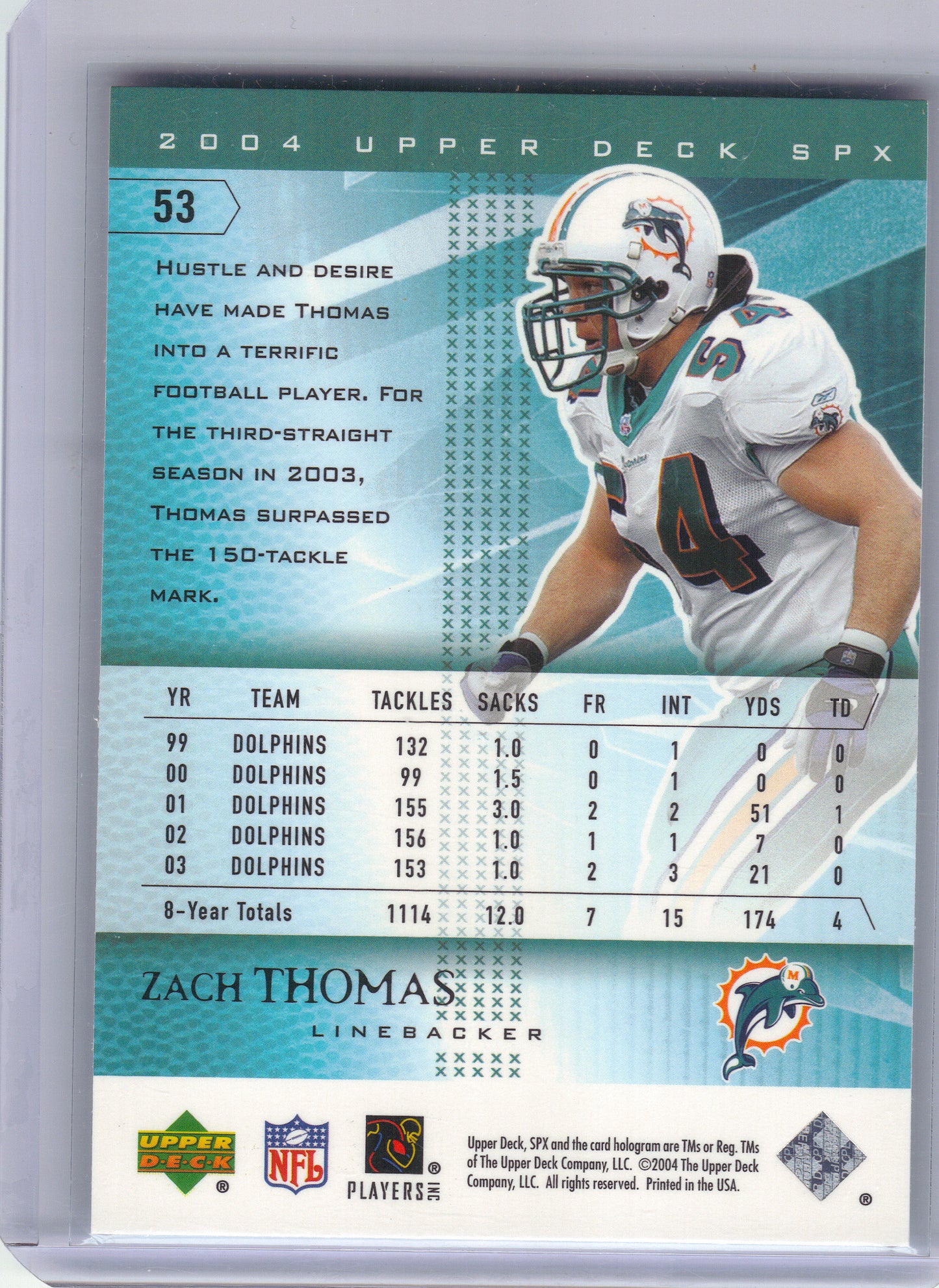 2004 SPx #53 Zach Thomas Miami Dolphins