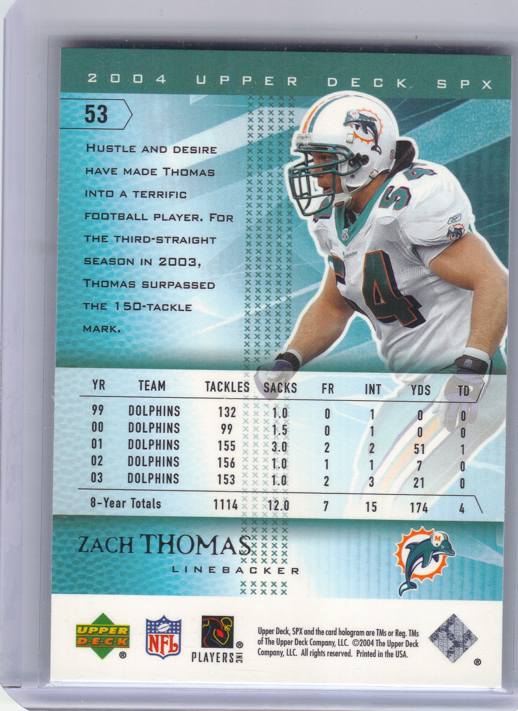 2004 SPx #53 Zach Thomas Miami Dolphins