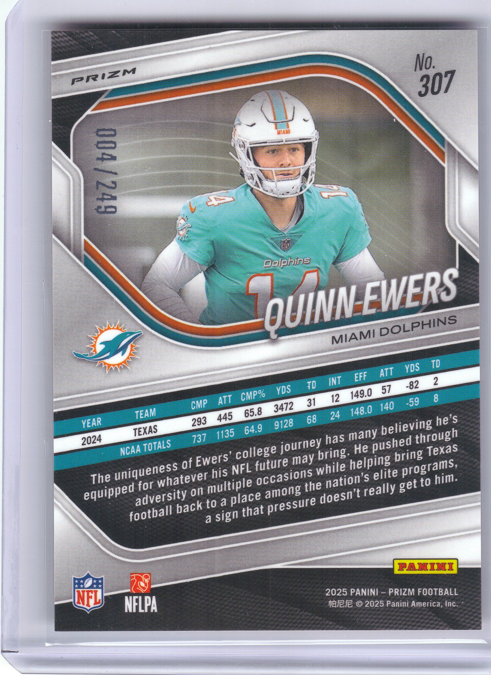 2025 Panini Prizm #307 Quinn Ewers Orange #/249 Miami Dolphins SN