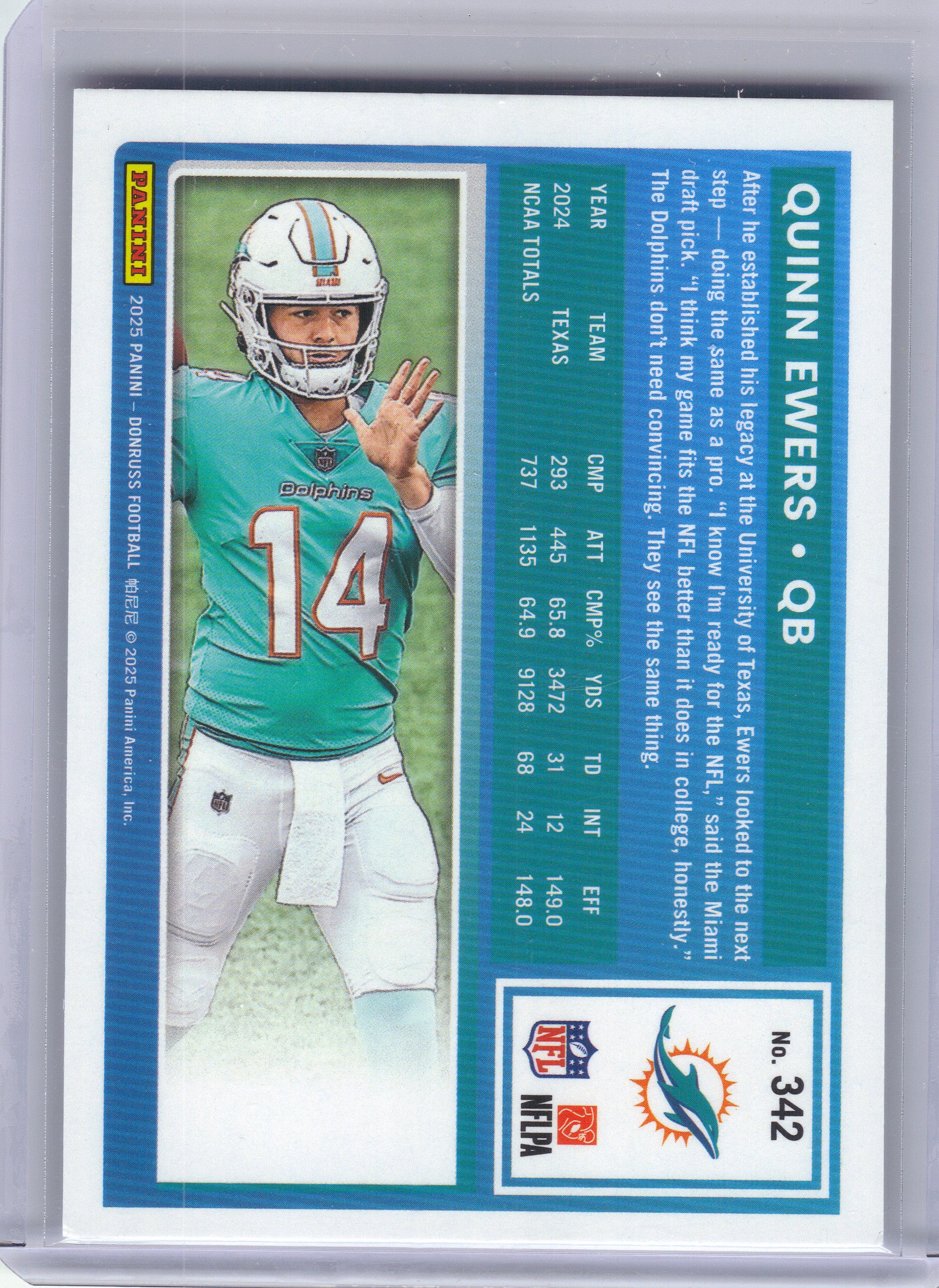2025 Donruss #342 Quinn Ewers x Miami Dolphins RC