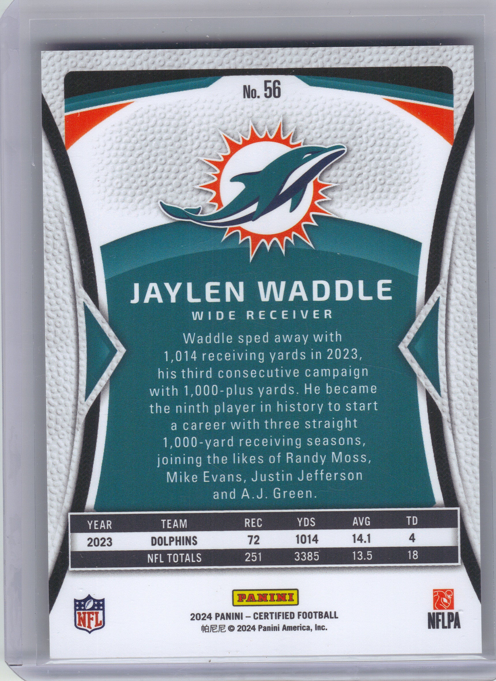 2024 Panini Certified #56 Jaylen Waddle Mirror #/349 Miami Dolphins SN
