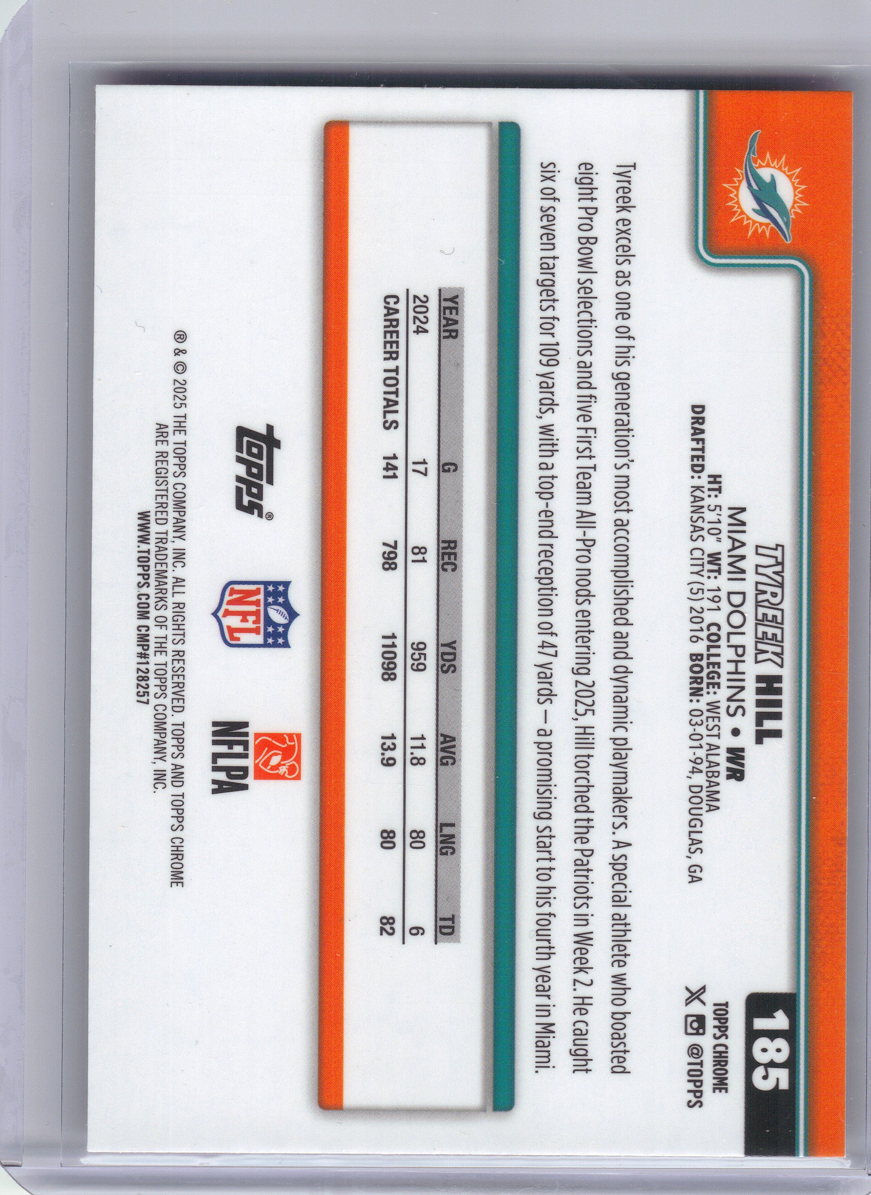 2025 Topps Chrome #185 Tyreek Hill Hot Pink X-Fractor Miami Dolphins