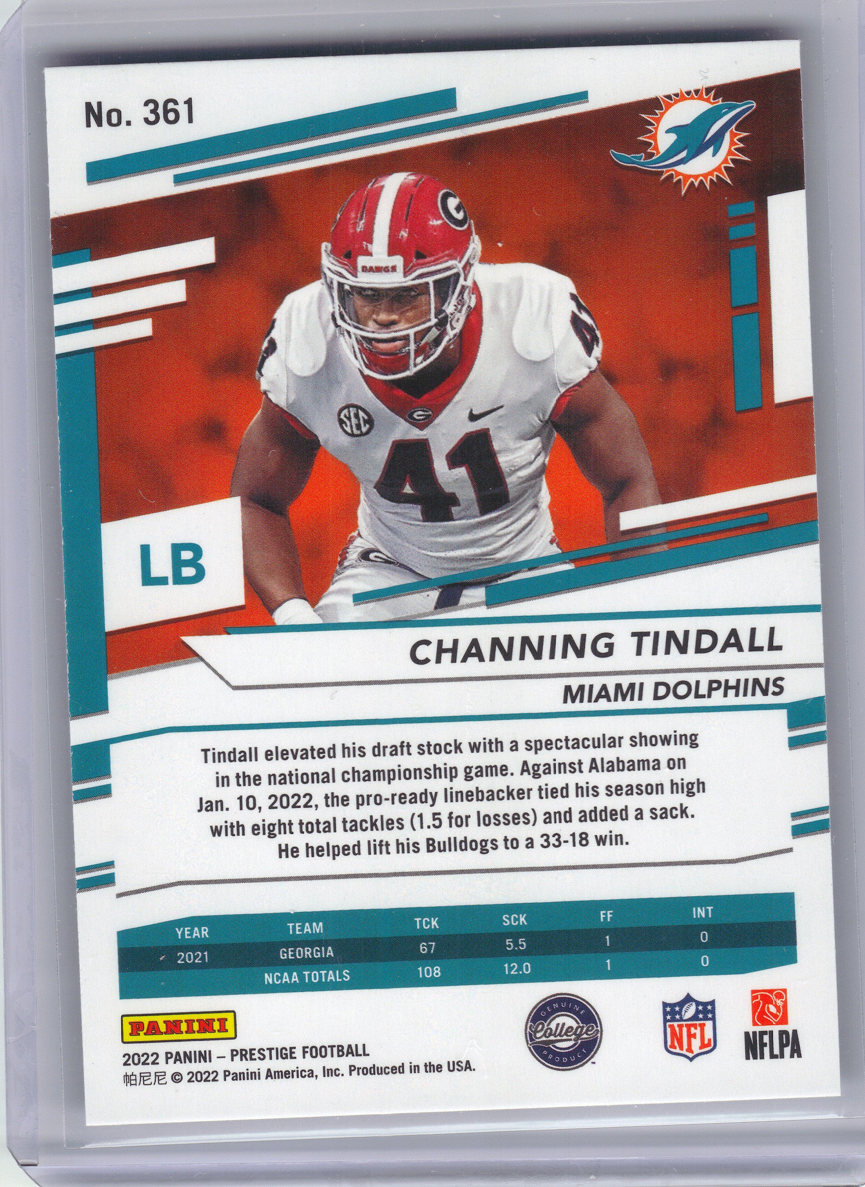 2022 Panini Prestige #361 Channing Tindall Xtra Points Astral Miami Dolphins RC