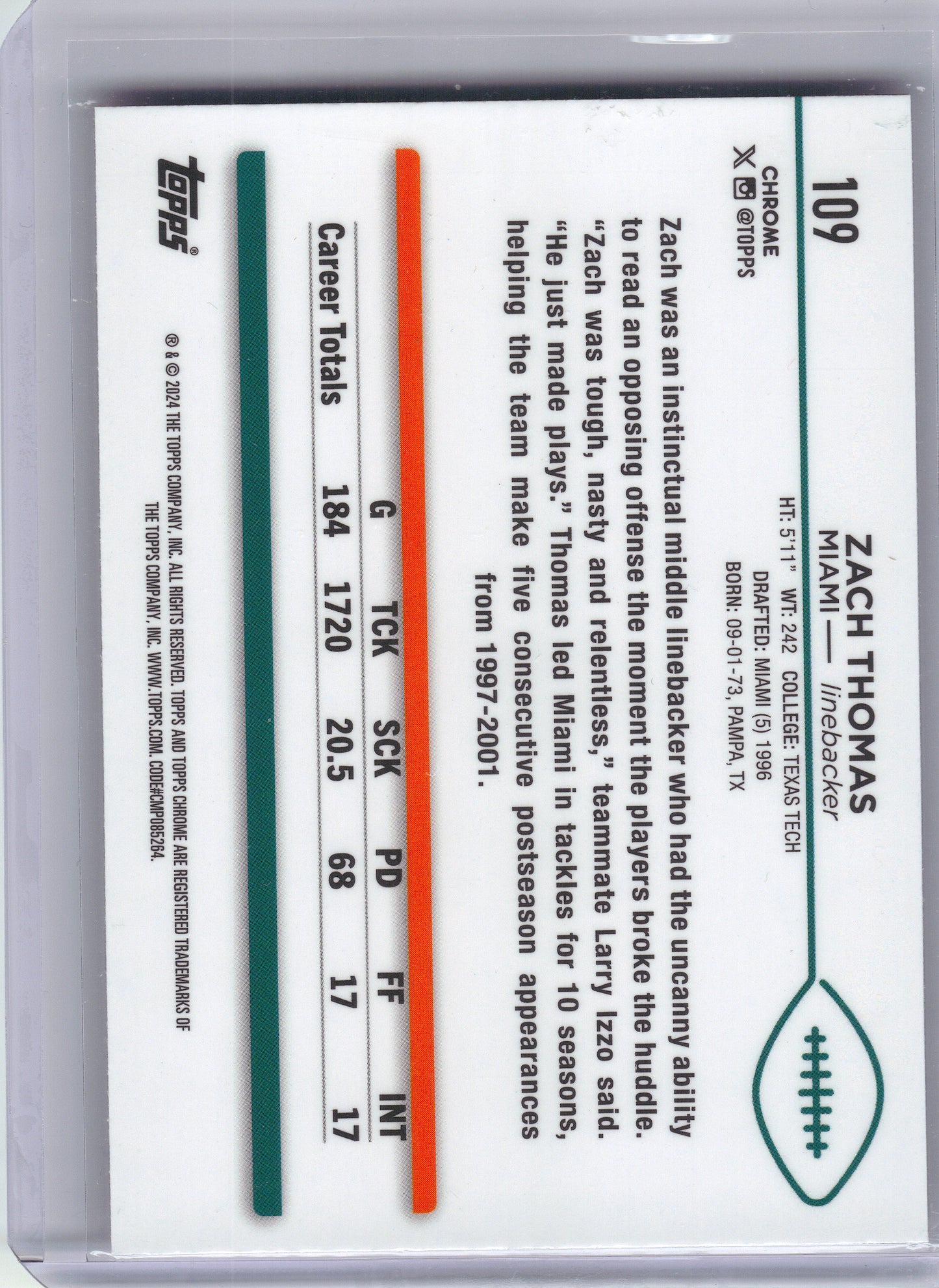 2024 Topps Chrome #109 Zach Thomas Pink Refractor Miami Dolphins