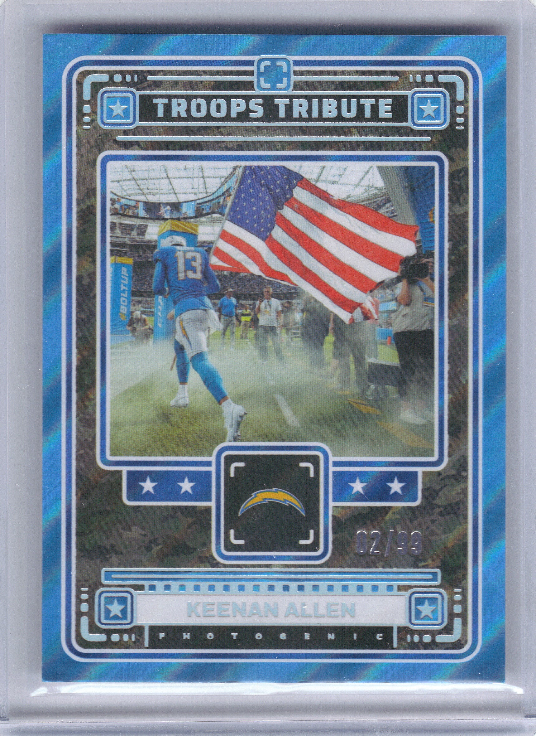 2024 Panini Photogenic #9 Keenan Allen Troops Tribute Blue #/99 Los Angeles Chargers SN