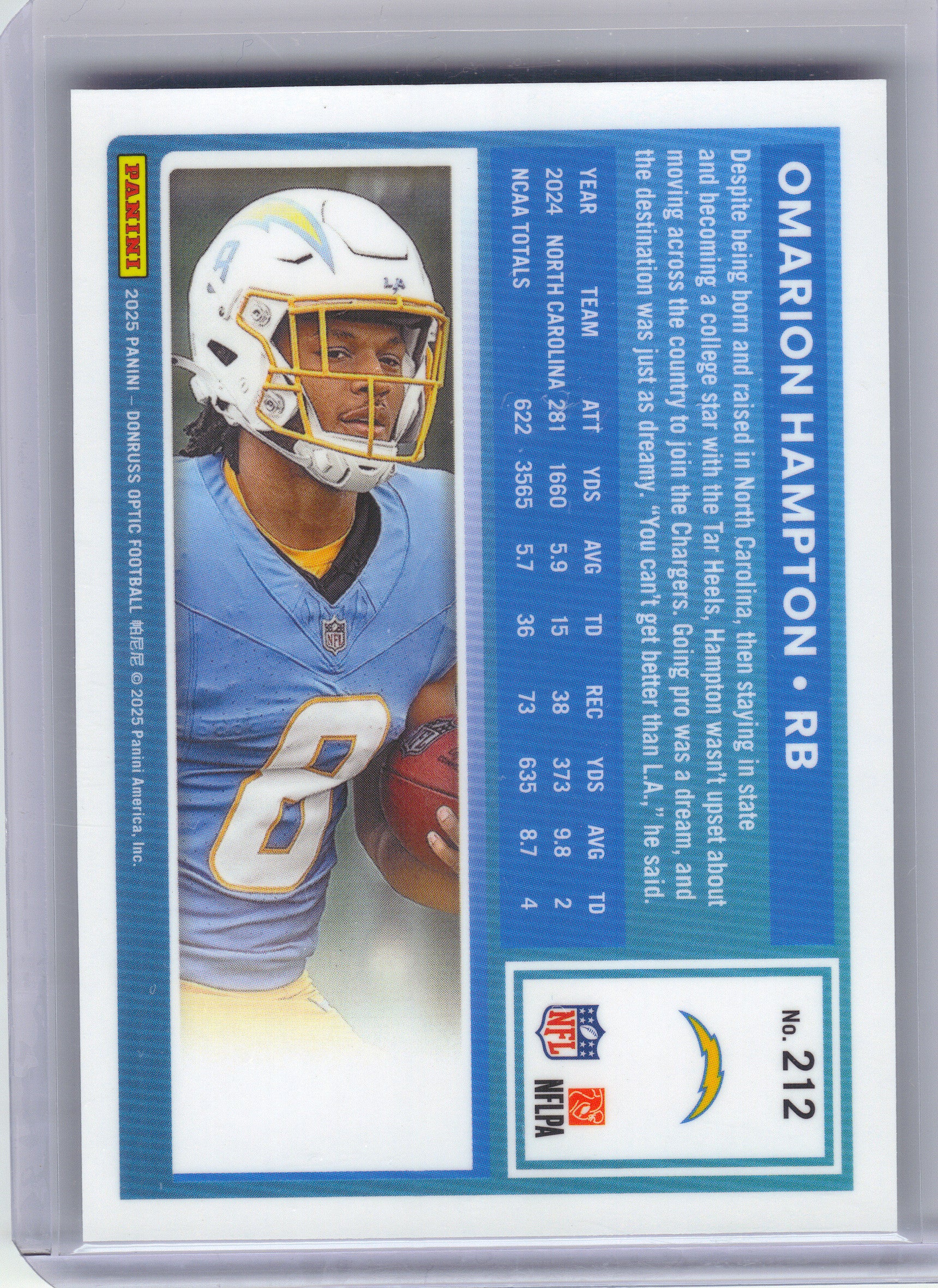 2025 Donruss Optic #212 Omarion Hampton Holo Los Angeles Chargers RC