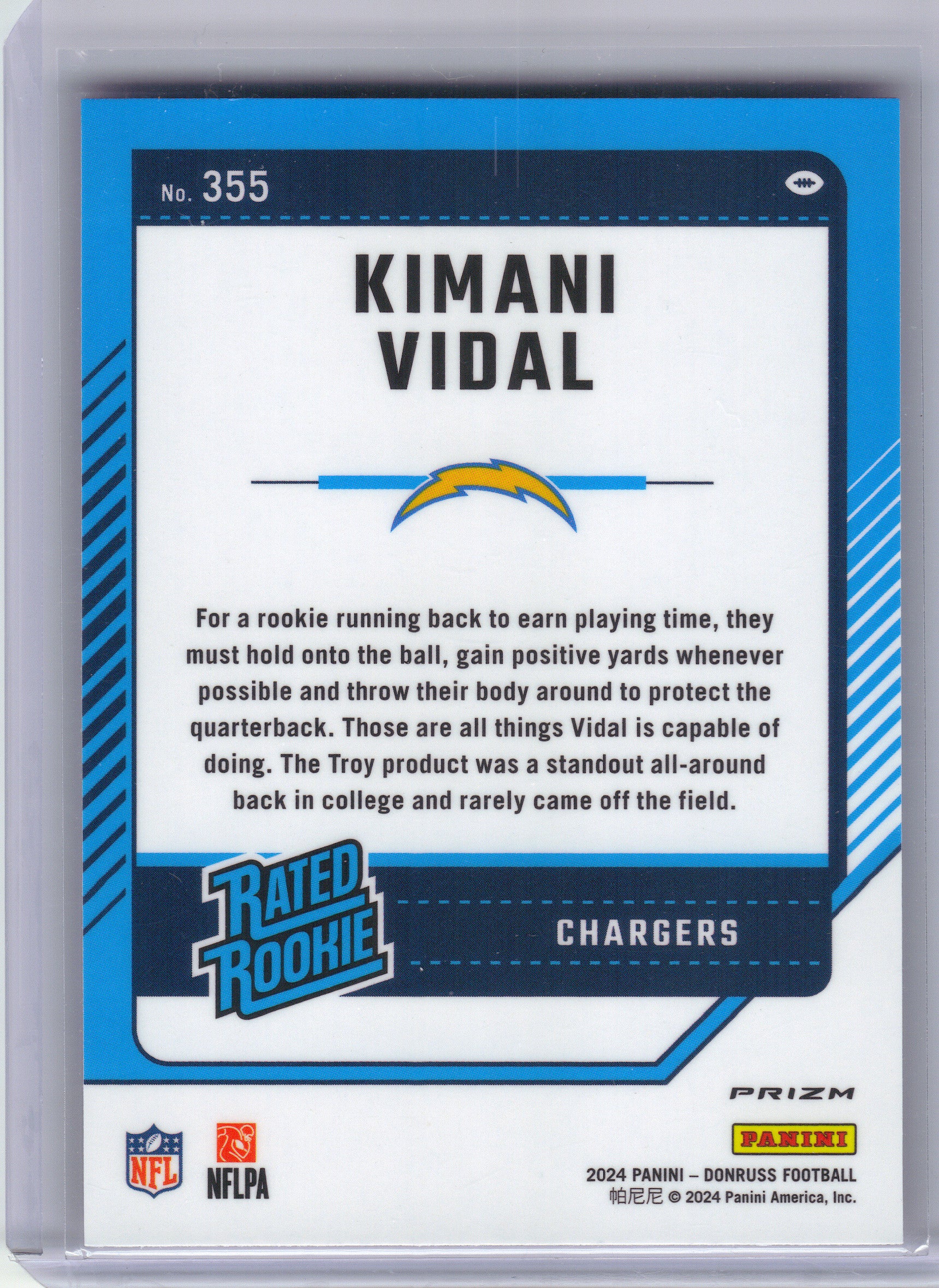2024 Donruss #355 Kimani Vidal Optic Rated Rookies Preview Pink Los Angeles Chargers RC