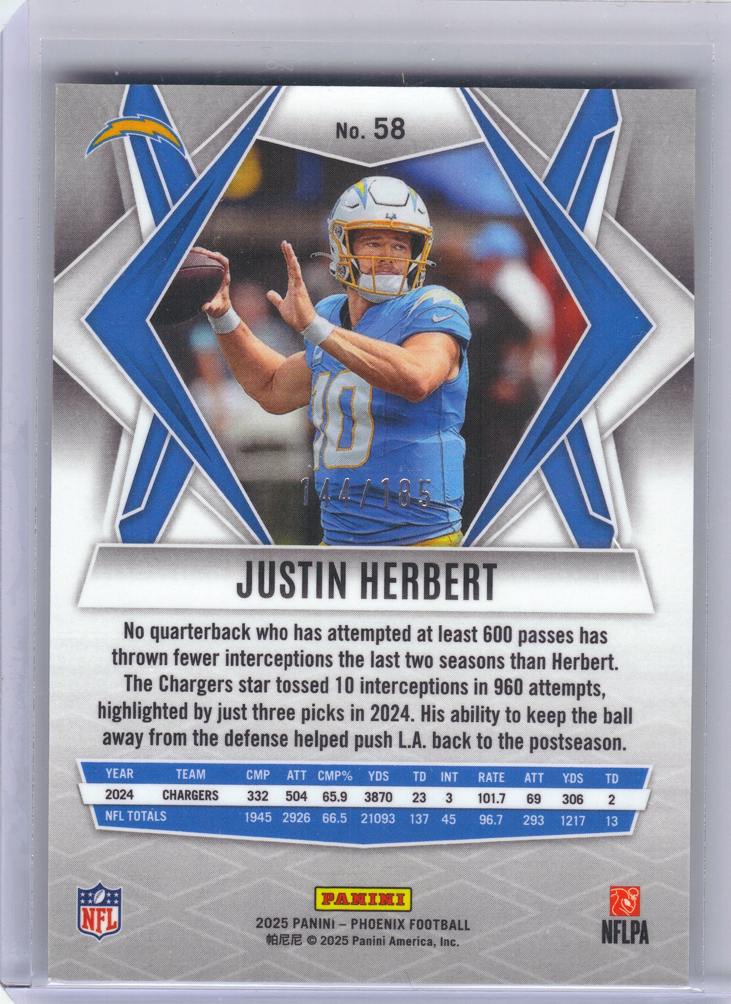 2025 Panini Phoenix #58 Justin Herbert Yellow Pyramids Prizm #/185 Los Angeles Chargers SN