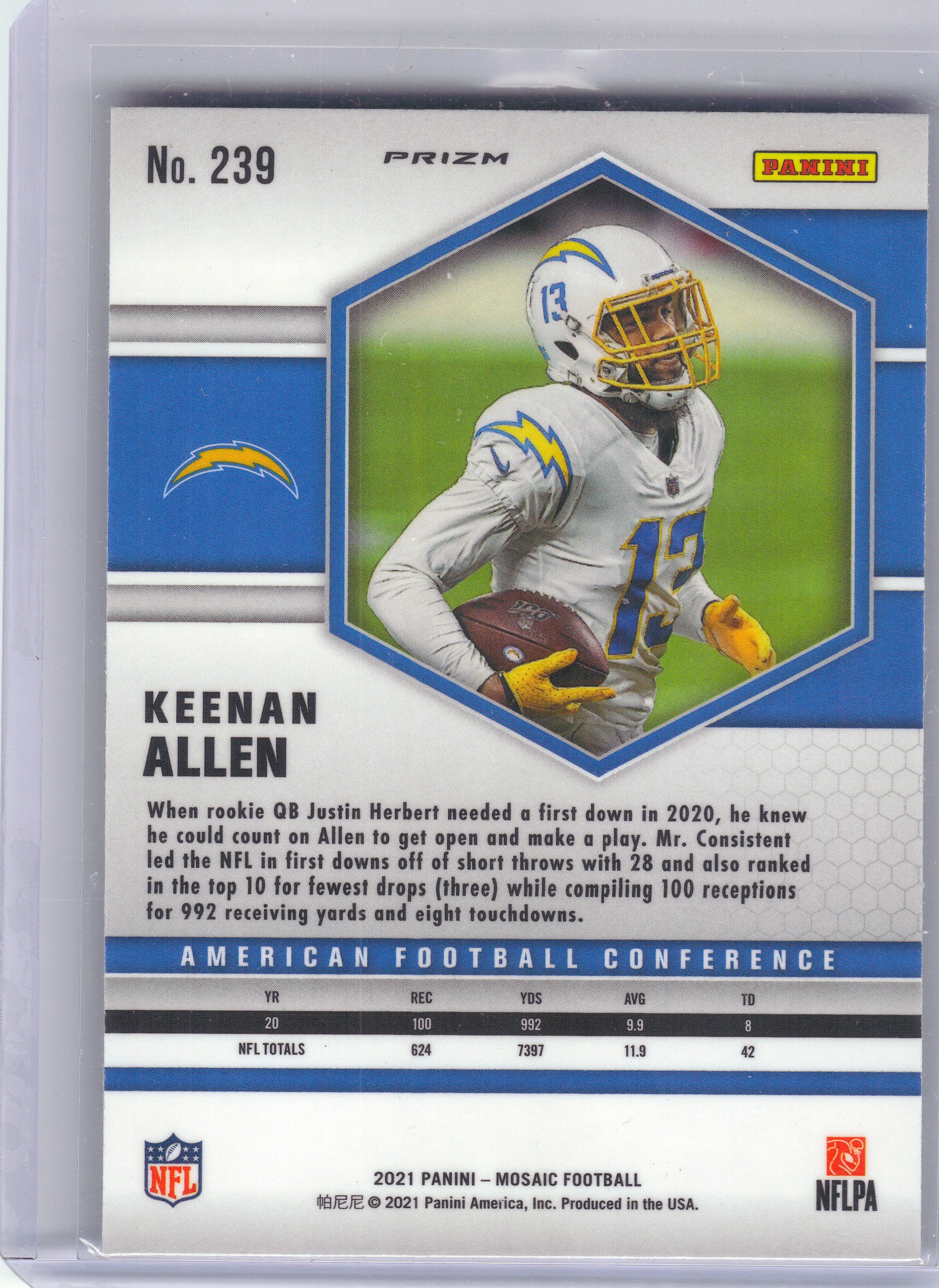 2021 Panini Mosaic #239 Keenan Allen Prizm Reactive Yellow Los Angeles Chargers