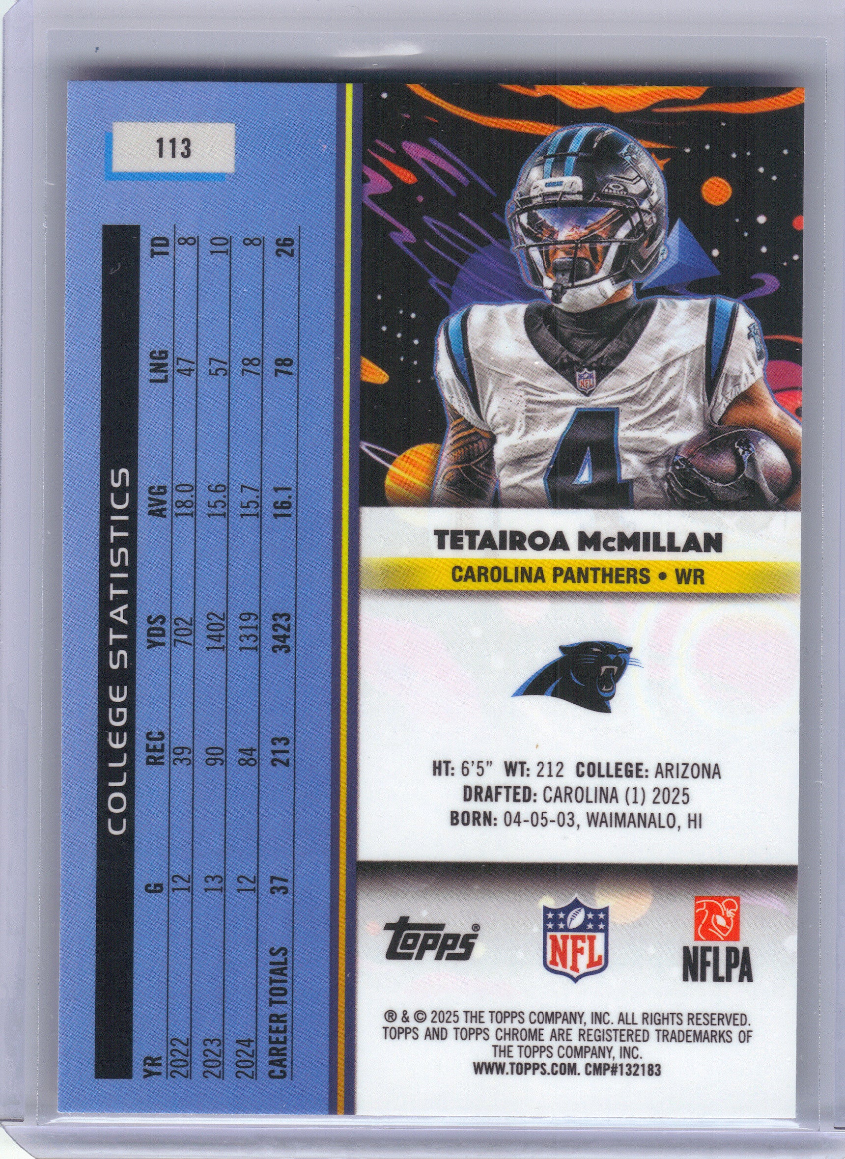 2025 Topps Chrome Cosmic #113 Tetairoa McMillan Carolina Panthers RC