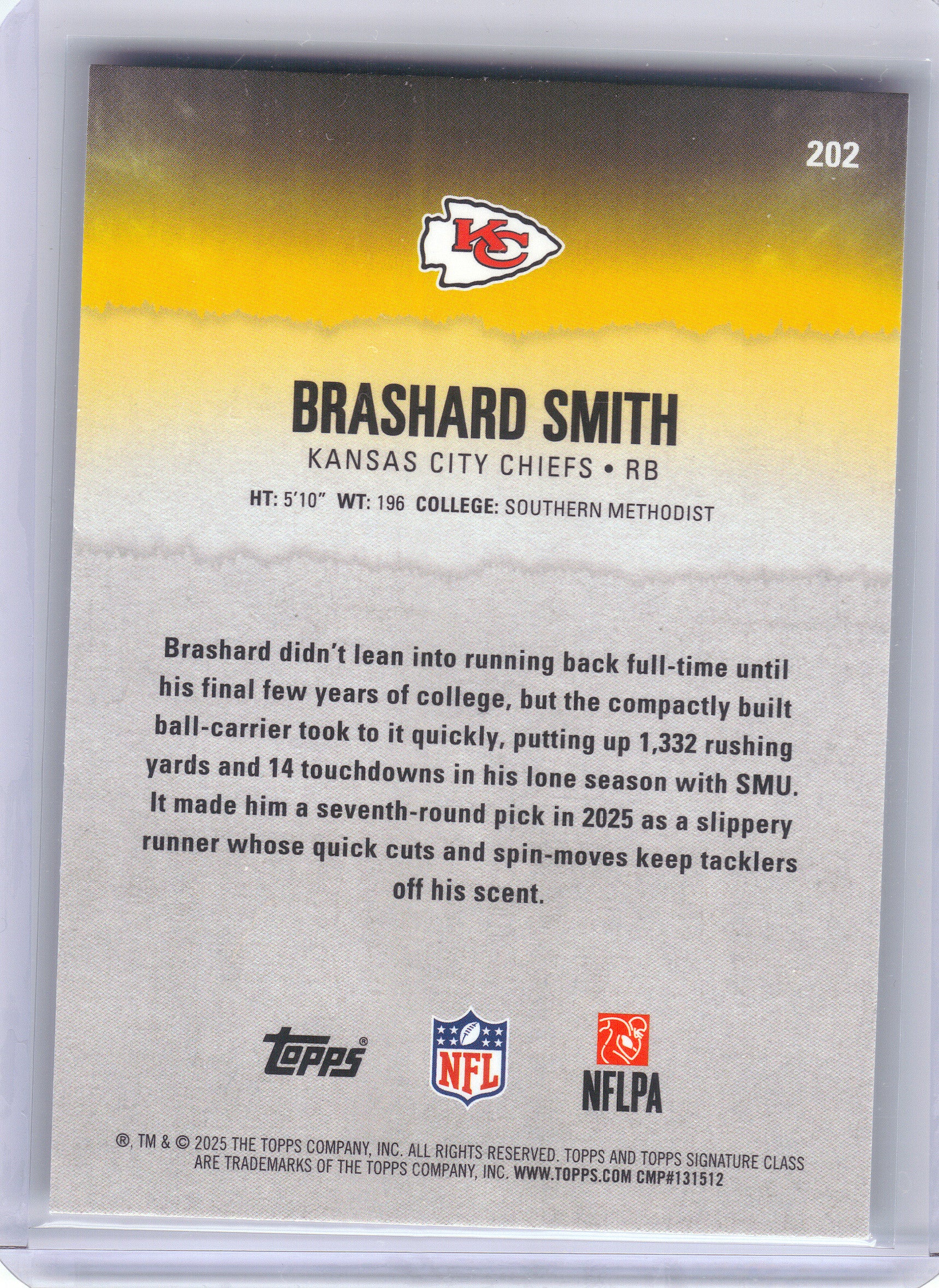 2025 Topps Signature Class #202 Brashard Smith Kansas City Chiefs RC