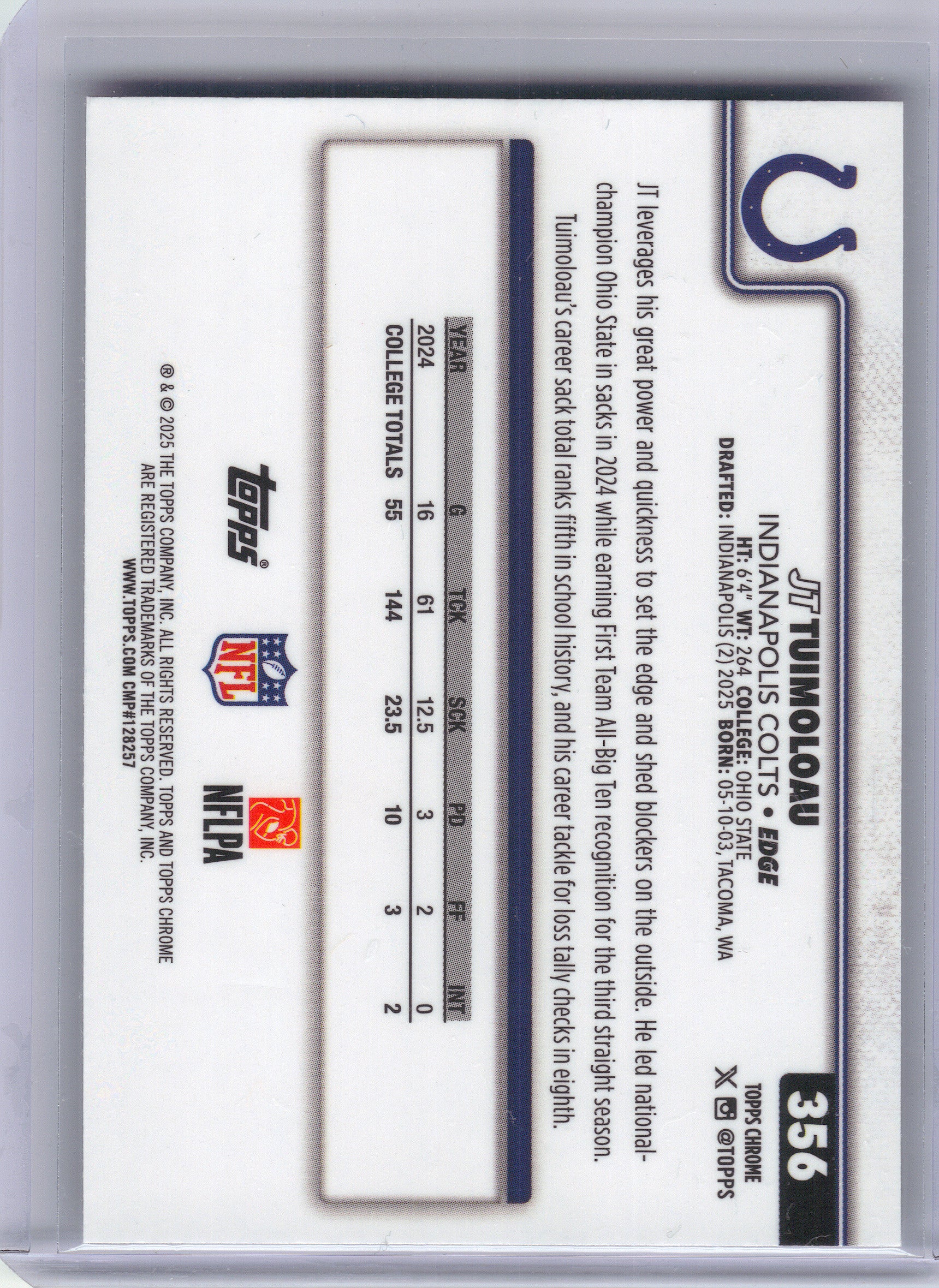 2025 Topps Chrome #356 JT Tuimoloau X-Fractor Indianapolis Colts RC