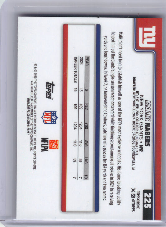2025 Topps Chrome #225 Malik Nabers Hot Pink X-Fractor New York Giants