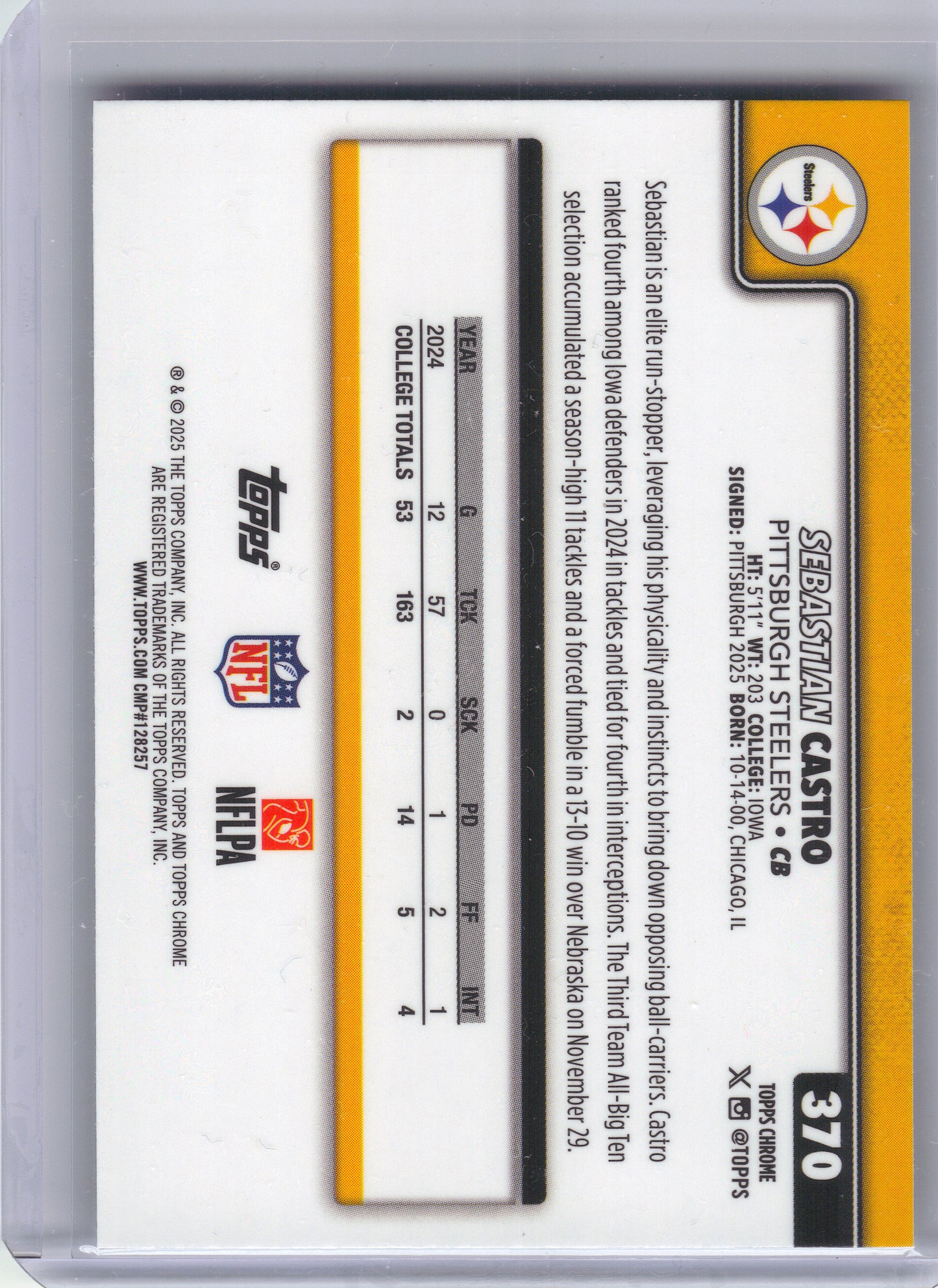 2025 Topps Chrome #370 Sebastian Castro X-Fractor Pittsburgh Steelers RC