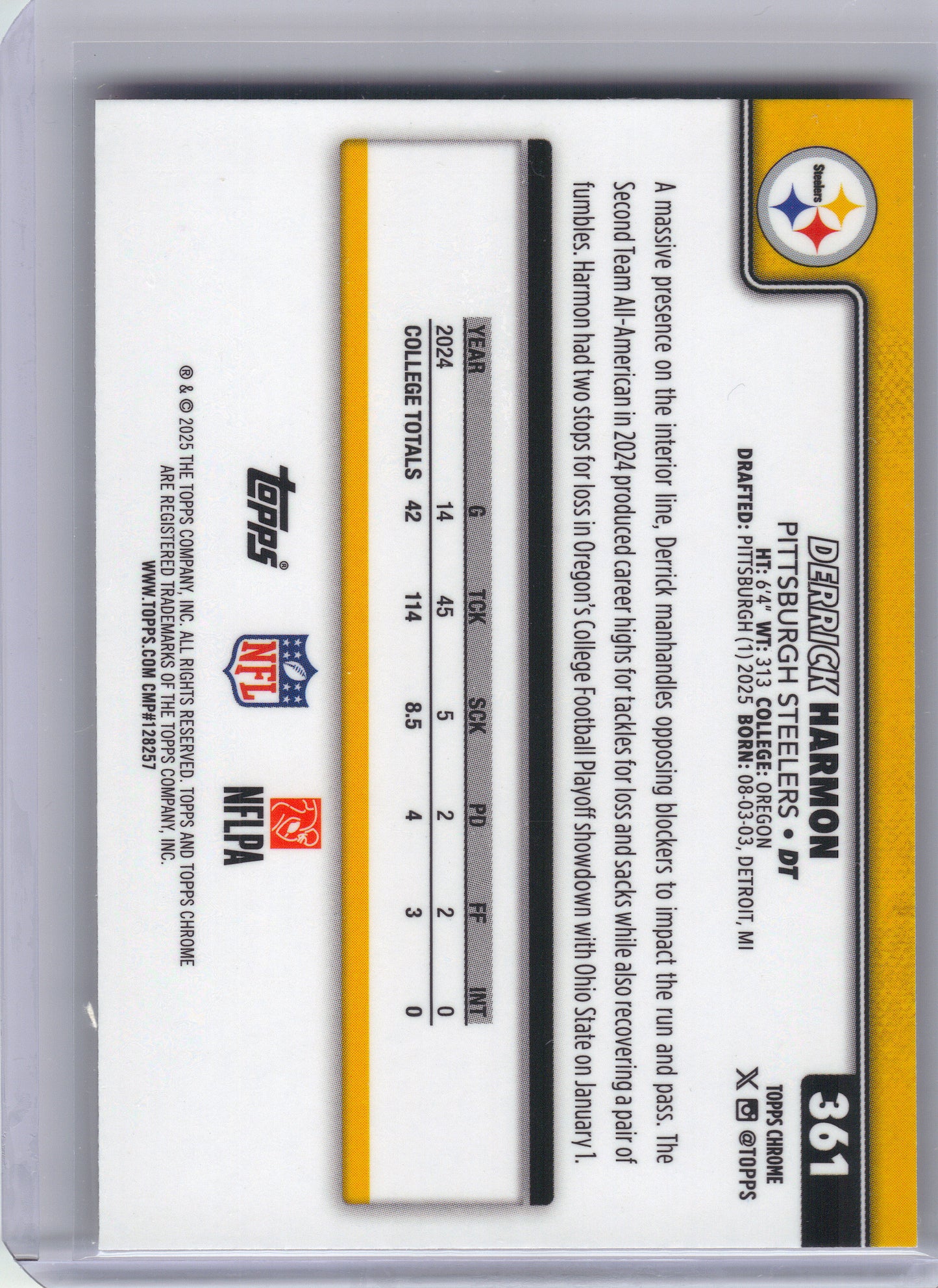 2025 Topps Chrome #361 Derrick Harmon Football Leather Refractor Pittsburgh Steelers RC